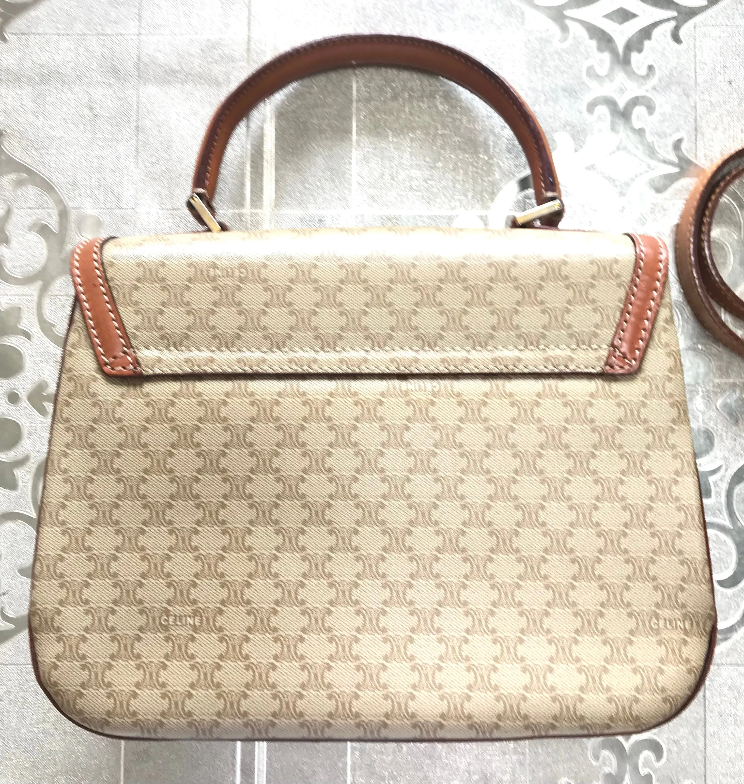 Vintage Celine beige macadam blaison handbag with brown leather trimming. Classic purse. Shoulder bag.