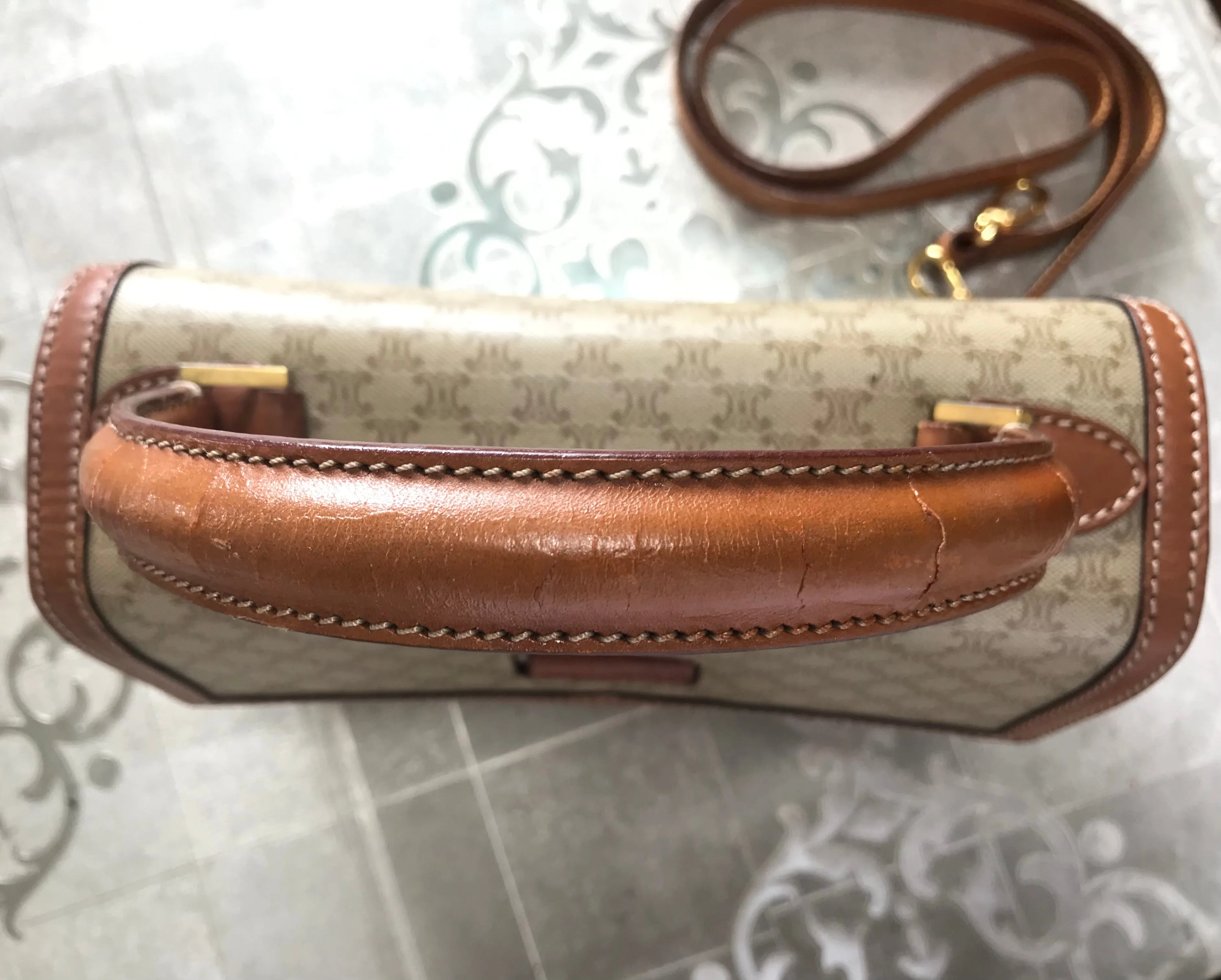 Vintage Celine beige macadam blaison handbag with brown leather trimming. Classic purse. Shoulder bag.