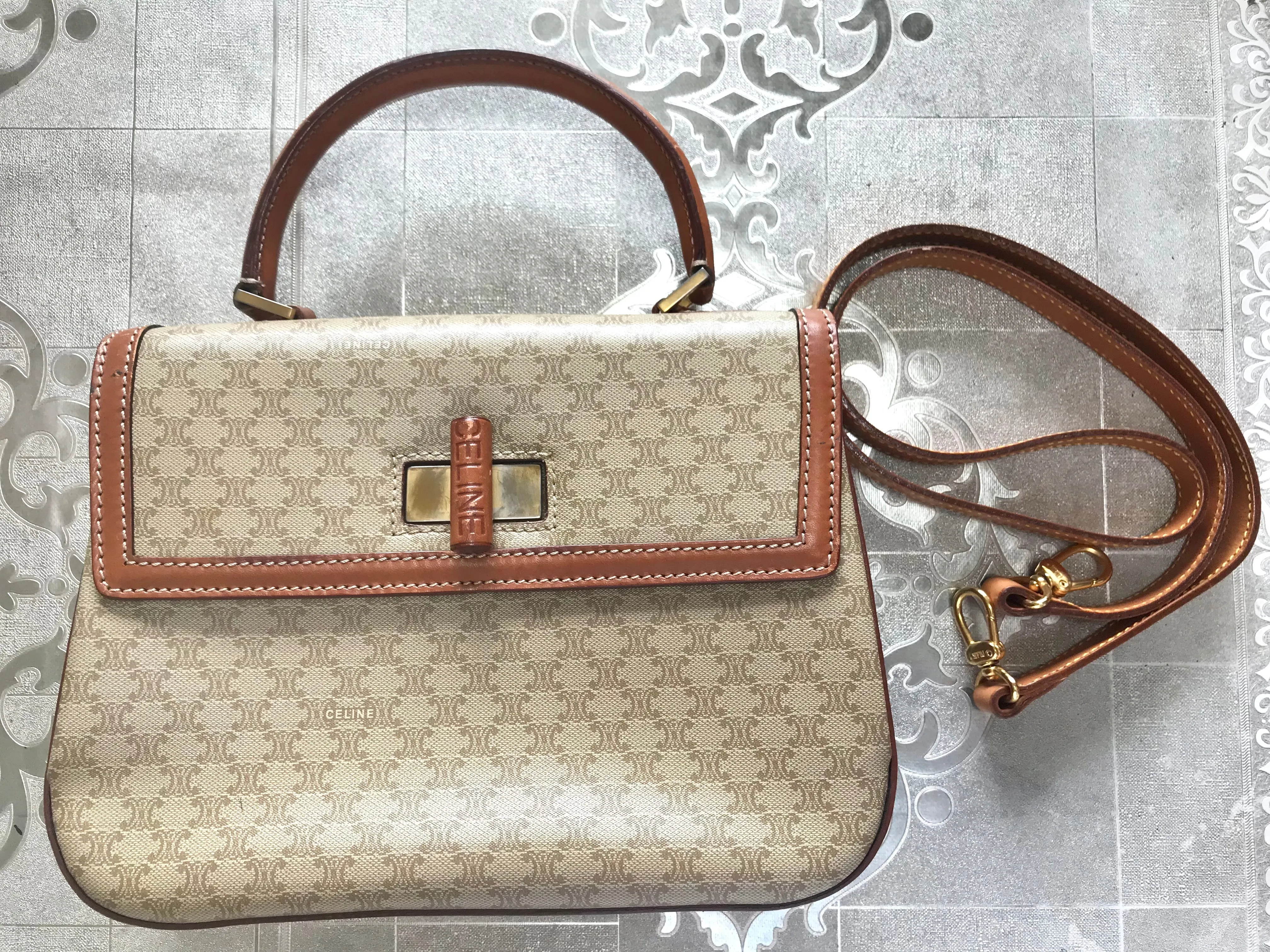 Vintage Celine beige macadam blaison handbag with brown leather trimming. Classic purse. Shoulder bag.