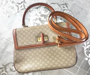 Vintage Celine beige macadam blaison handbag with brown leather trimming. Classic purse. Shoulder bag.