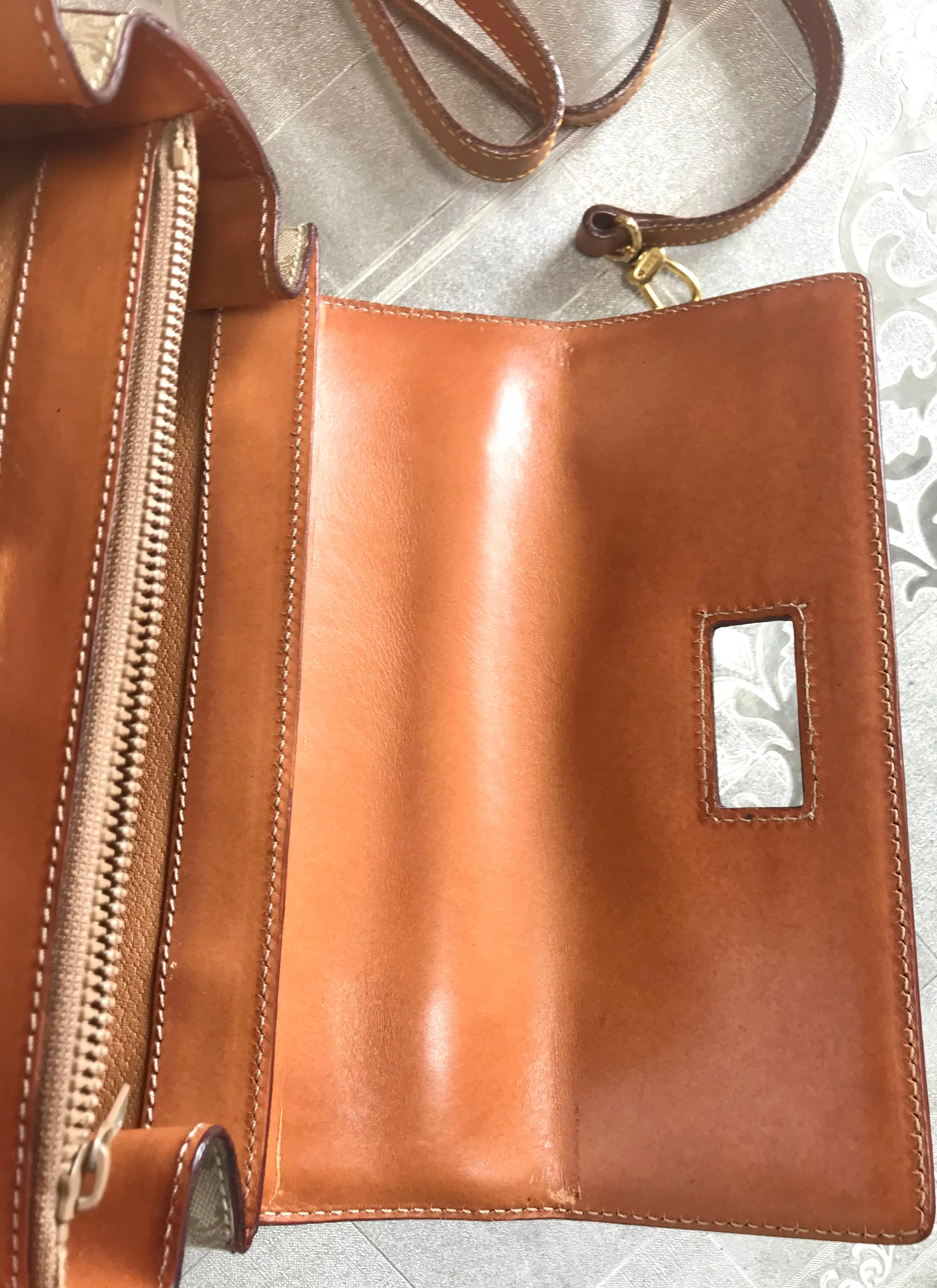 Vintage Celine beige macadam blaison handbag with brown leather trimming. Classic purse. Shoulder bag.
