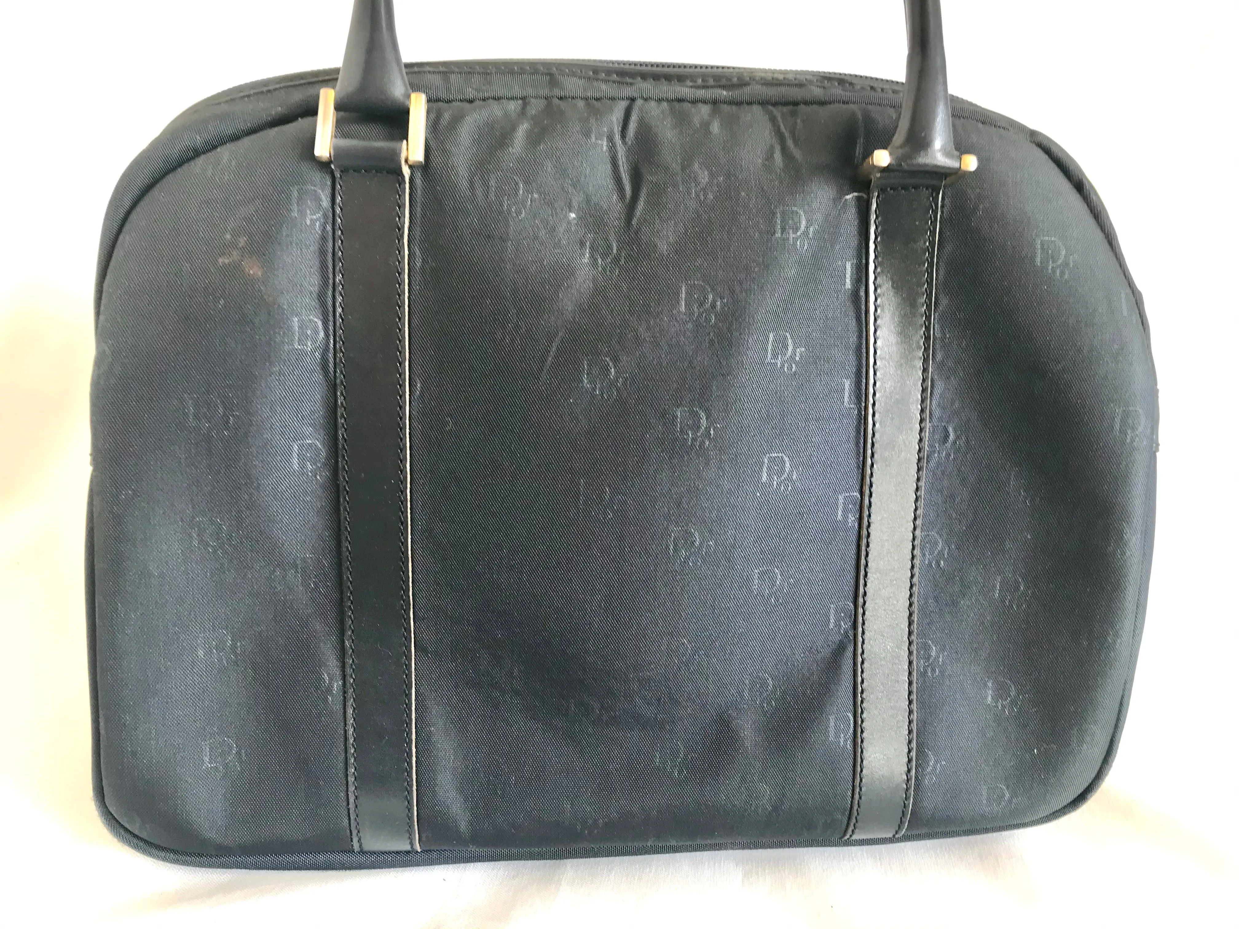 Vintage Christian Dior navy handbag with logo jacquard nylon and leather trimmings. Classic purse. 0506288e