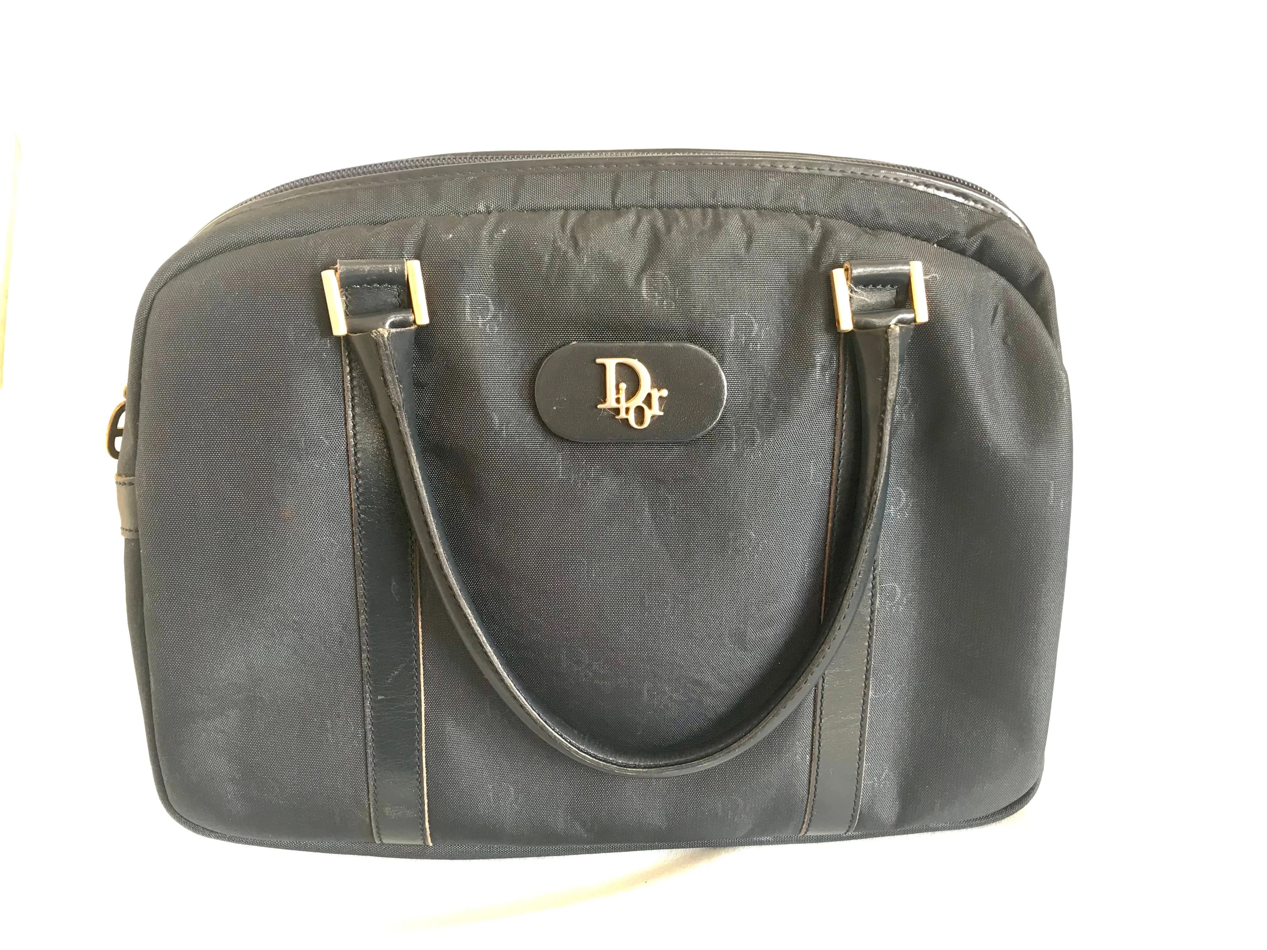 Vintage Christian Dior navy handbag with logo jacquard nylon and leather trimmings. Classic purse. 0506288e