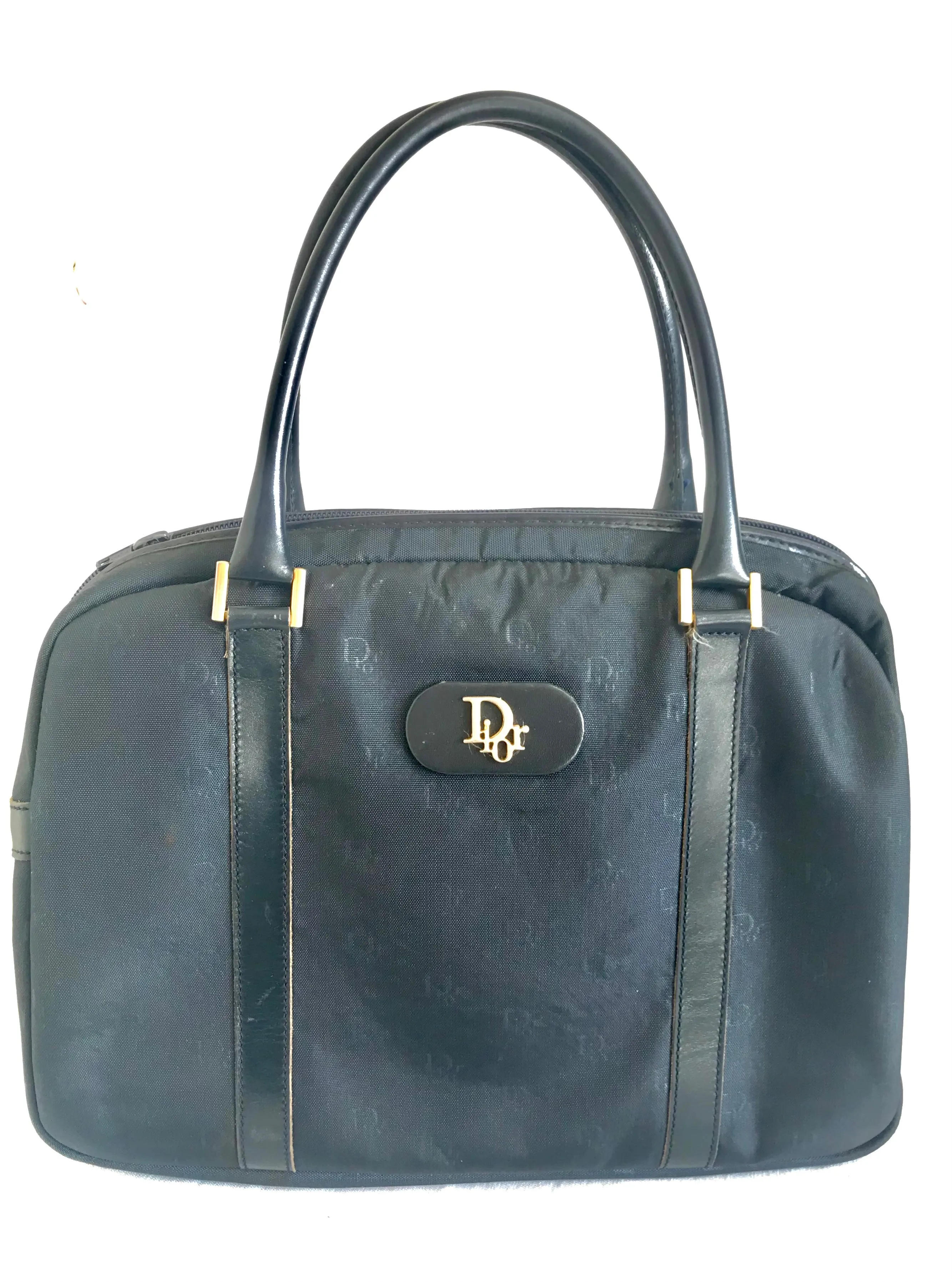 Vintage Christian Dior navy handbag with logo jacquard nylon and leather trimmings. Classic purse. 0506288e