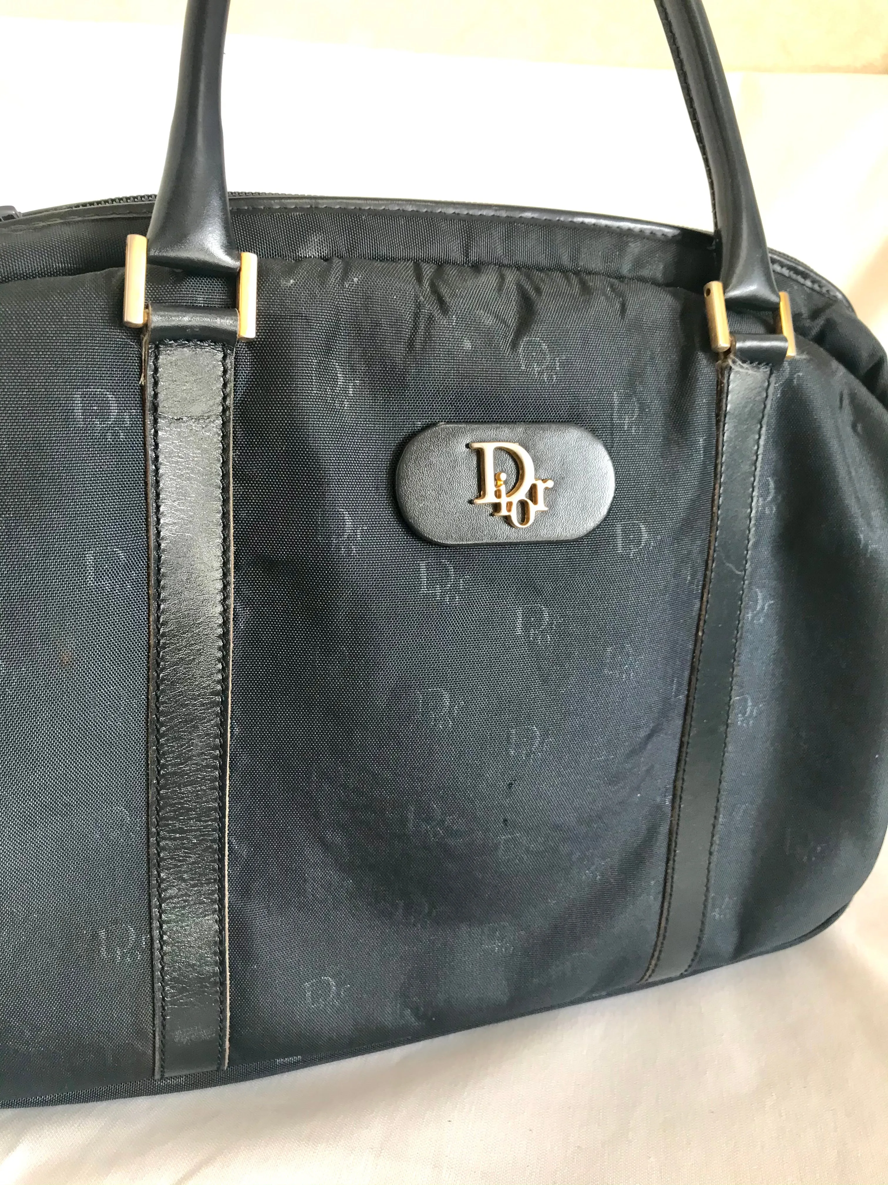 Vintage Christian Dior navy handbag with logo jacquard nylon and leather trimmings. Classic purse. 0506288e