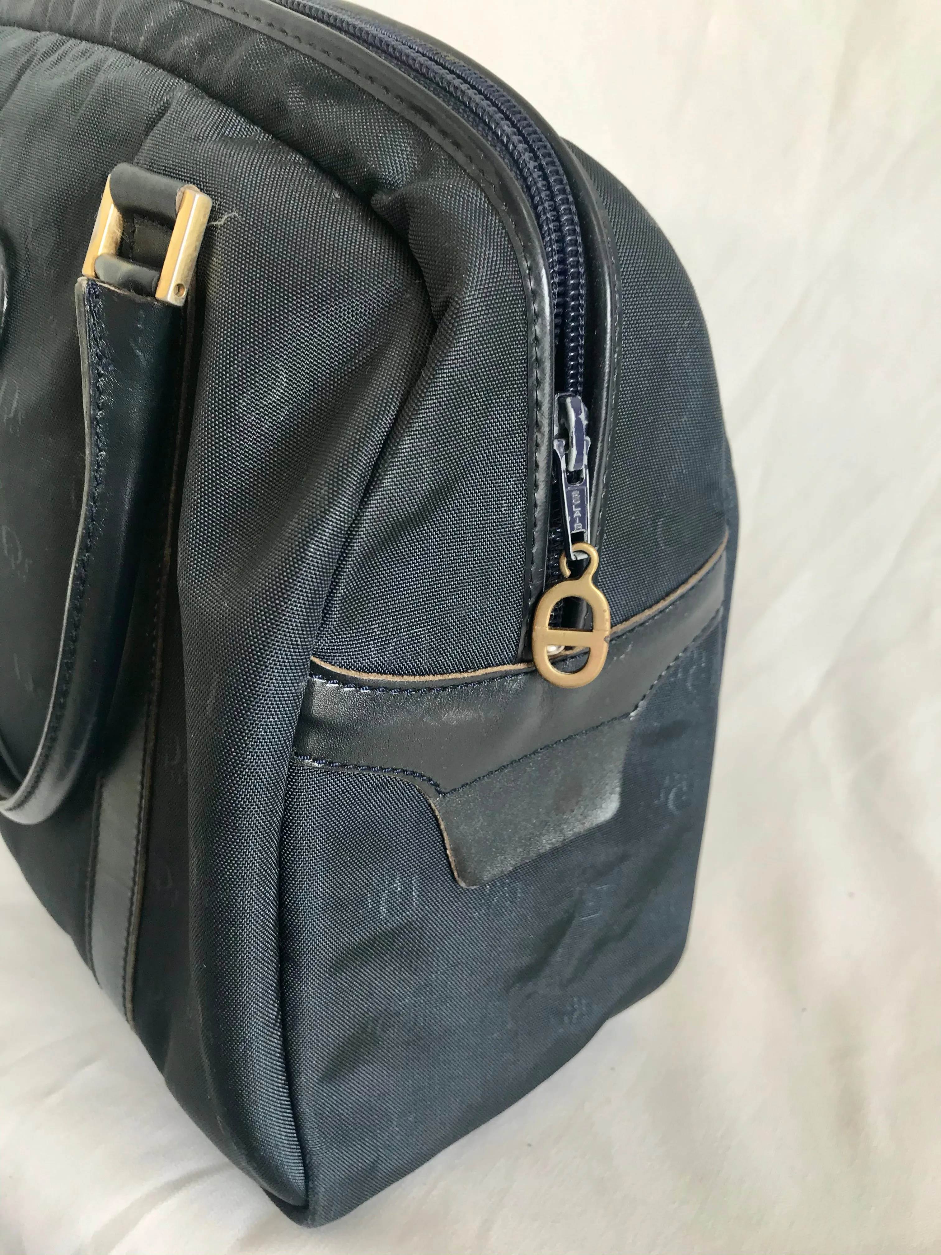 Vintage Christian Dior navy handbag with logo jacquard nylon and leather trimmings. Classic purse. 0506288e