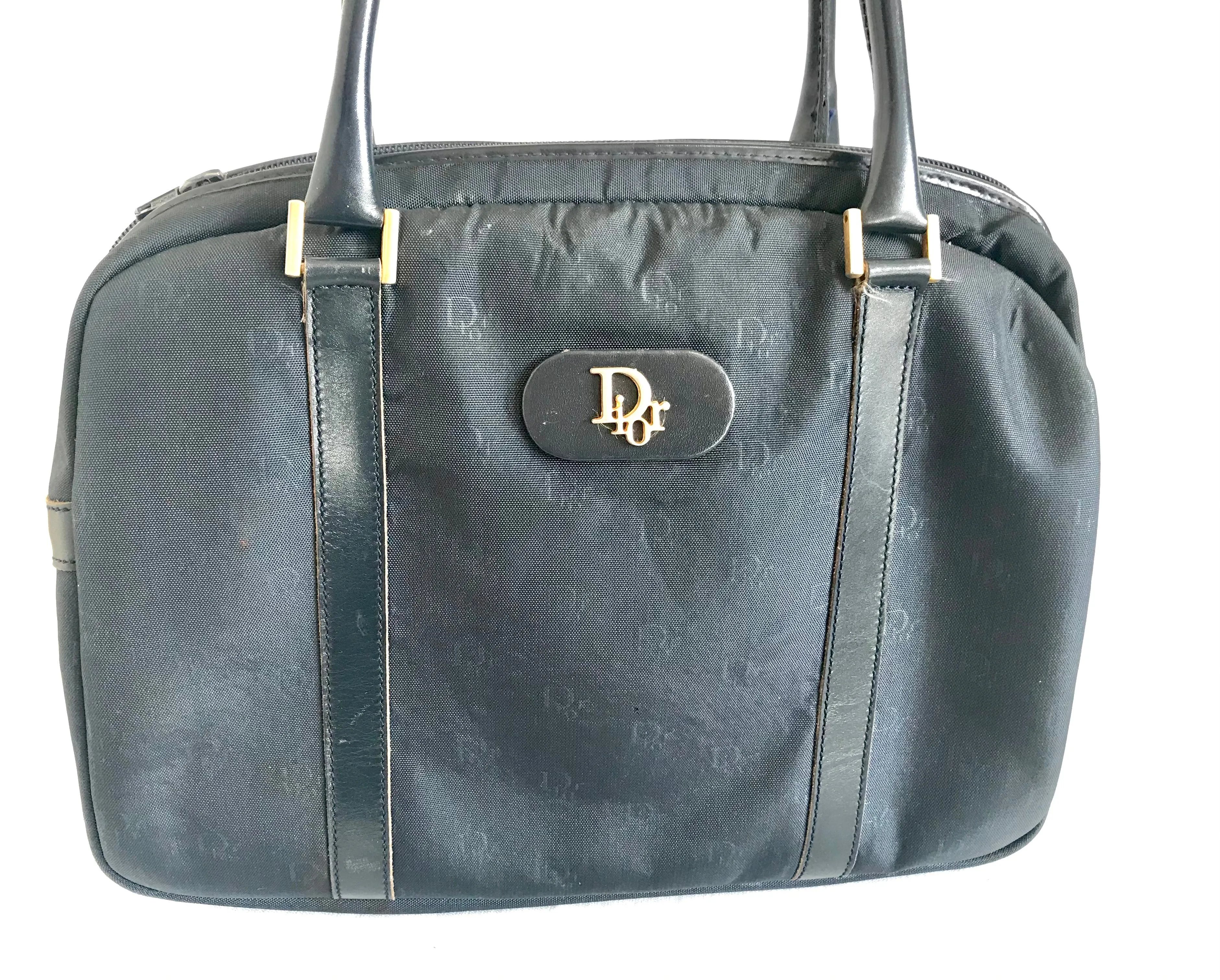 Vintage Christian Dior navy handbag with logo jacquard nylon and leather trimmings. Classic purse. 0506288e