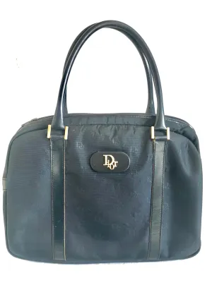 Vintage Christian Dior navy handbag with logo jacquard nylon and leather trimmings. Classic purse. 0506288e