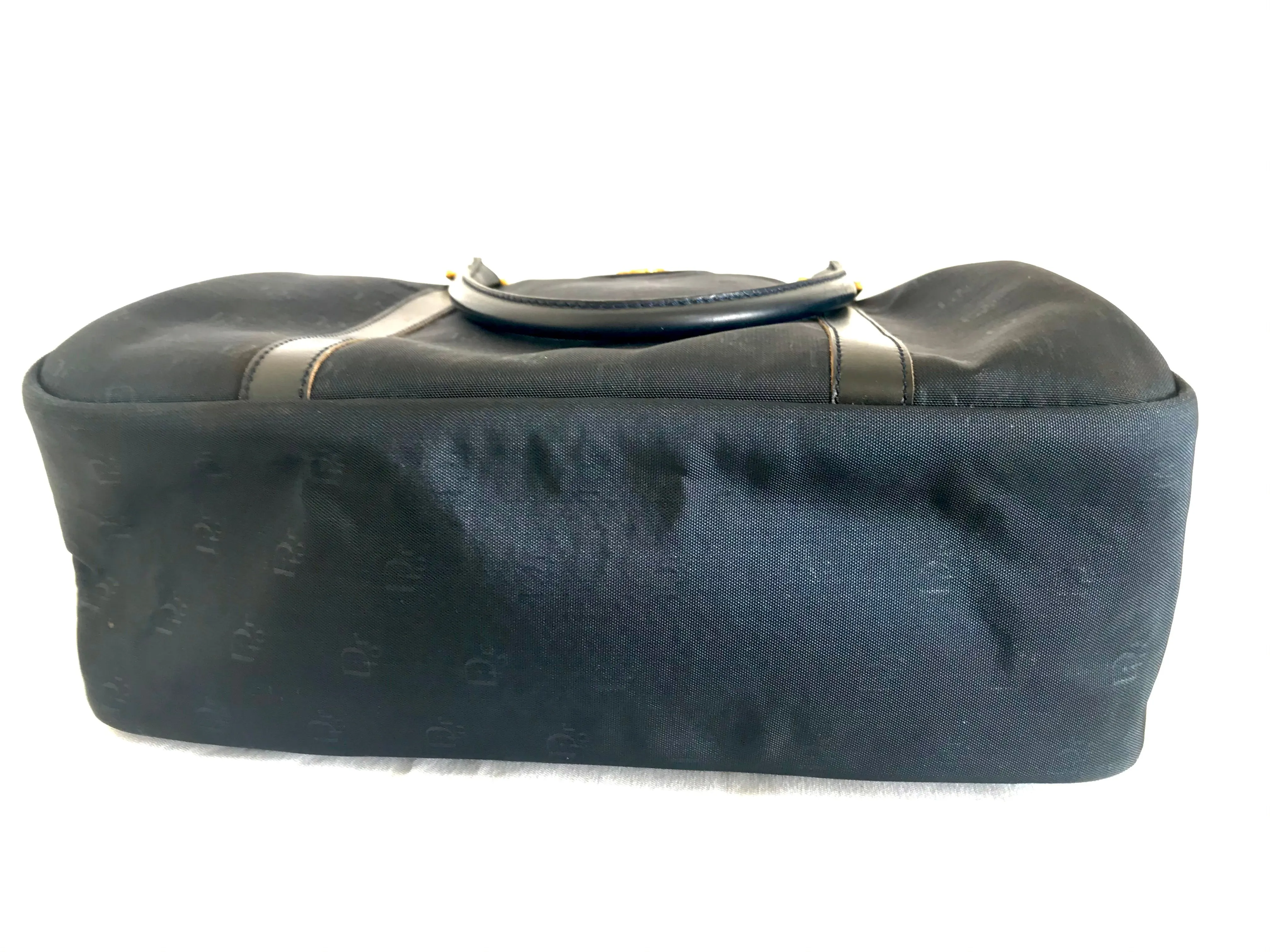Vintage Christian Dior navy handbag with logo jacquard nylon and leather trimmings. Classic purse. 0506288e
