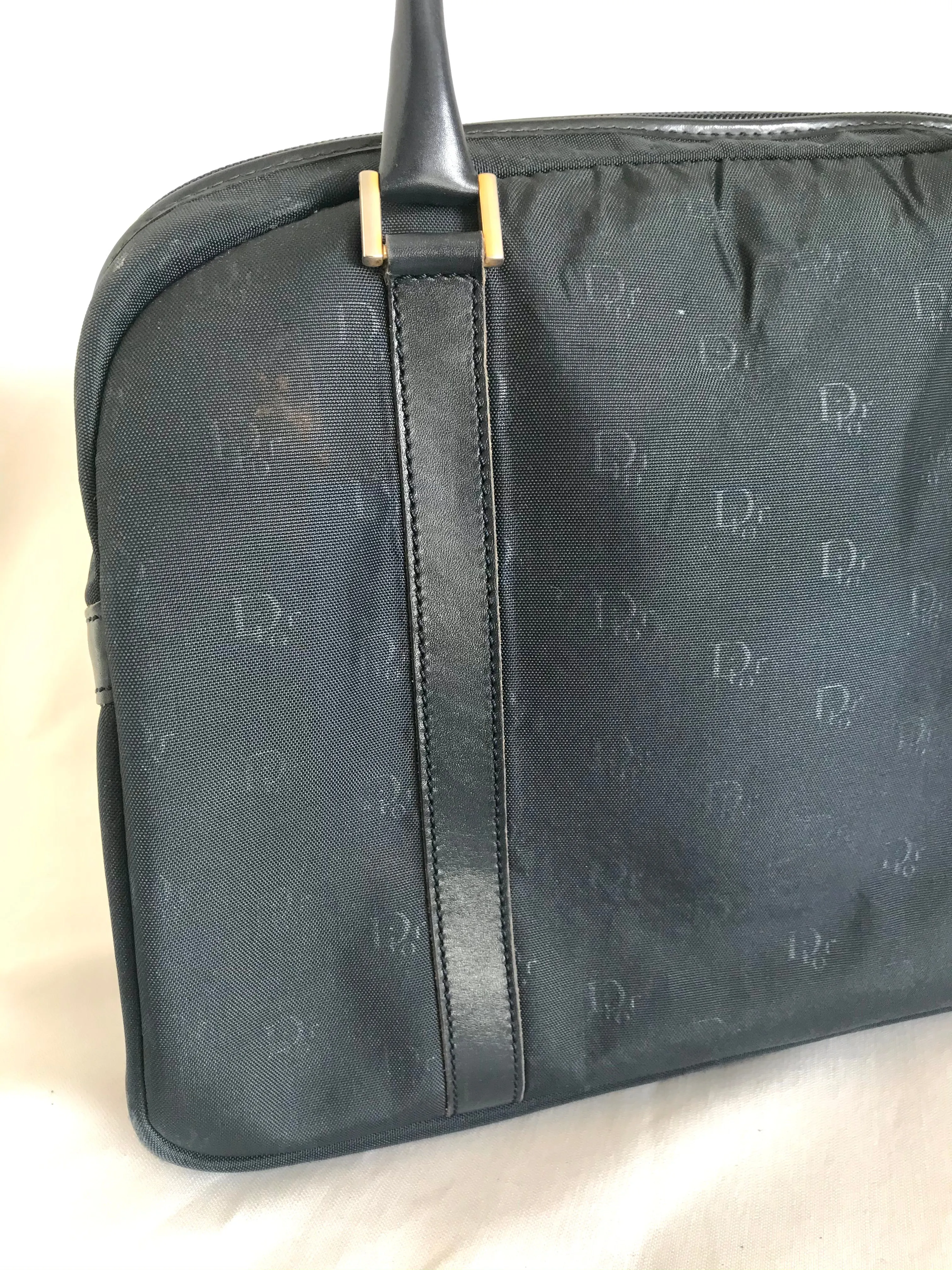 Vintage Christian Dior navy handbag with logo jacquard nylon and leather trimmings. Classic purse. 0506288e