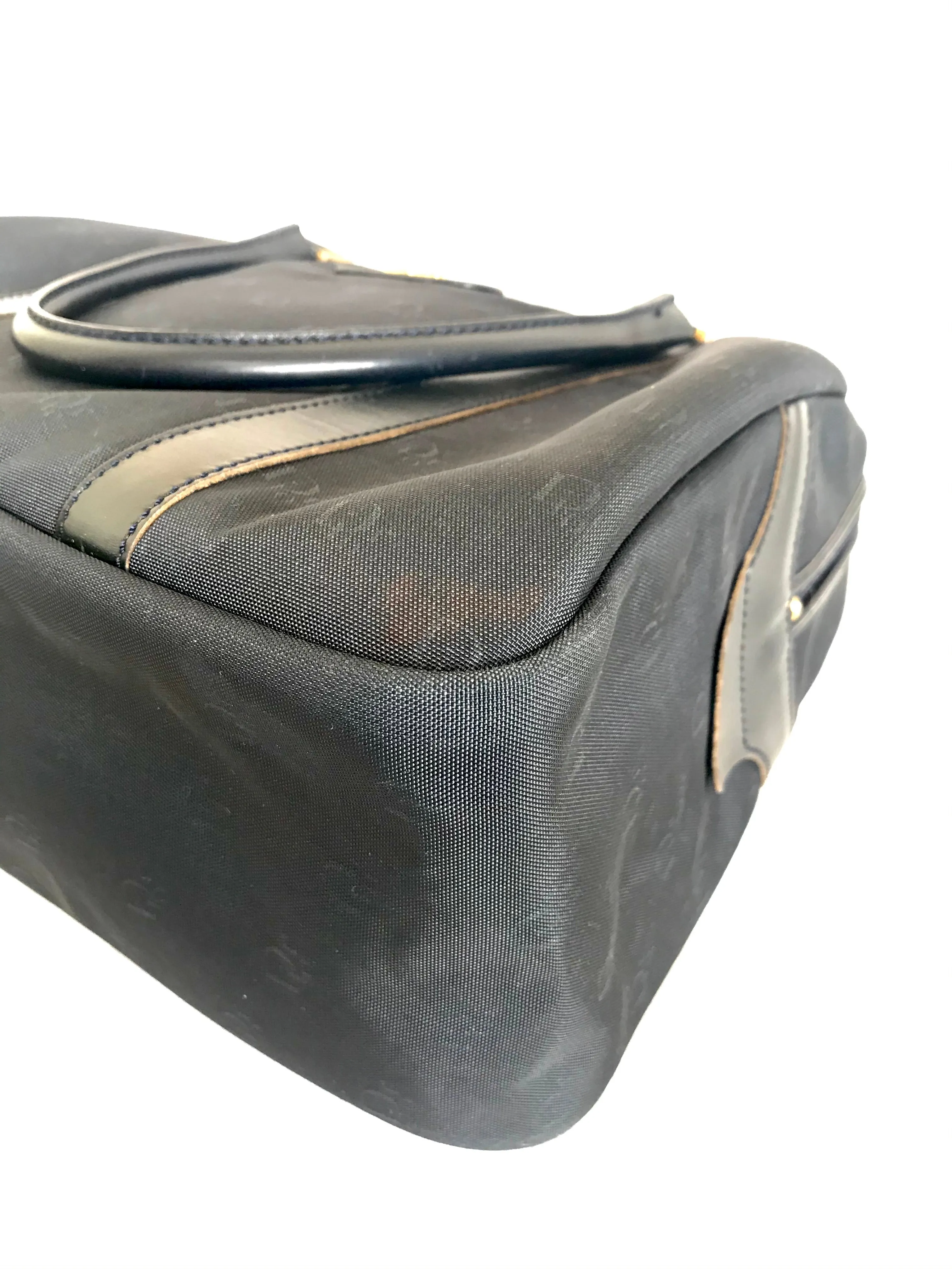 Vintage Christian Dior navy handbag with logo jacquard nylon and leather trimmings. Classic purse. 0506288e