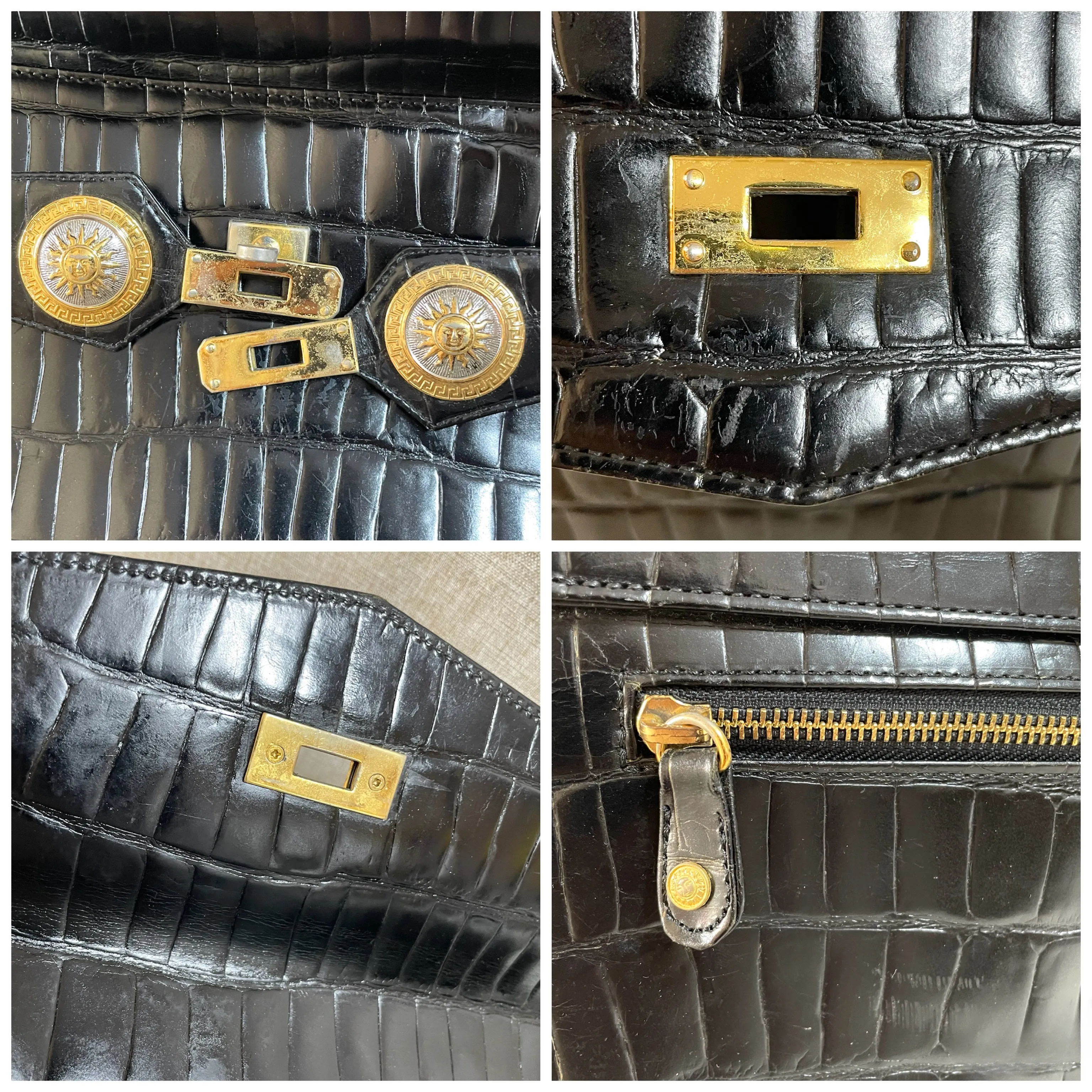 Vintage Gianni Versace black croc embossed leather handbag with Medallion Sunburst charms. Gorgeous masterpiece. 061104y1