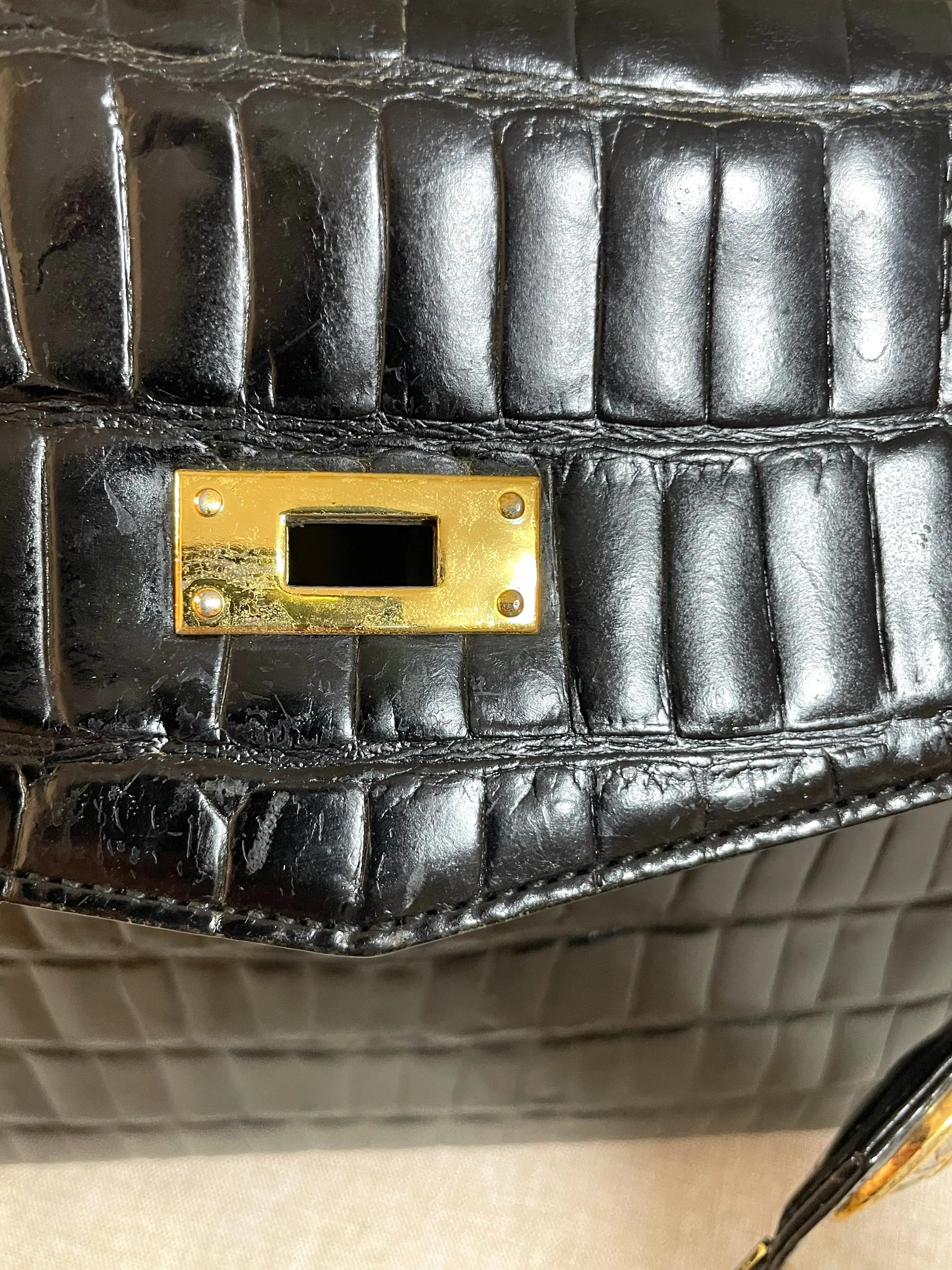 Vintage Gianni Versace black croc embossed leather handbag with Medallion Sunburst charms. Gorgeous masterpiece. 061104y1
