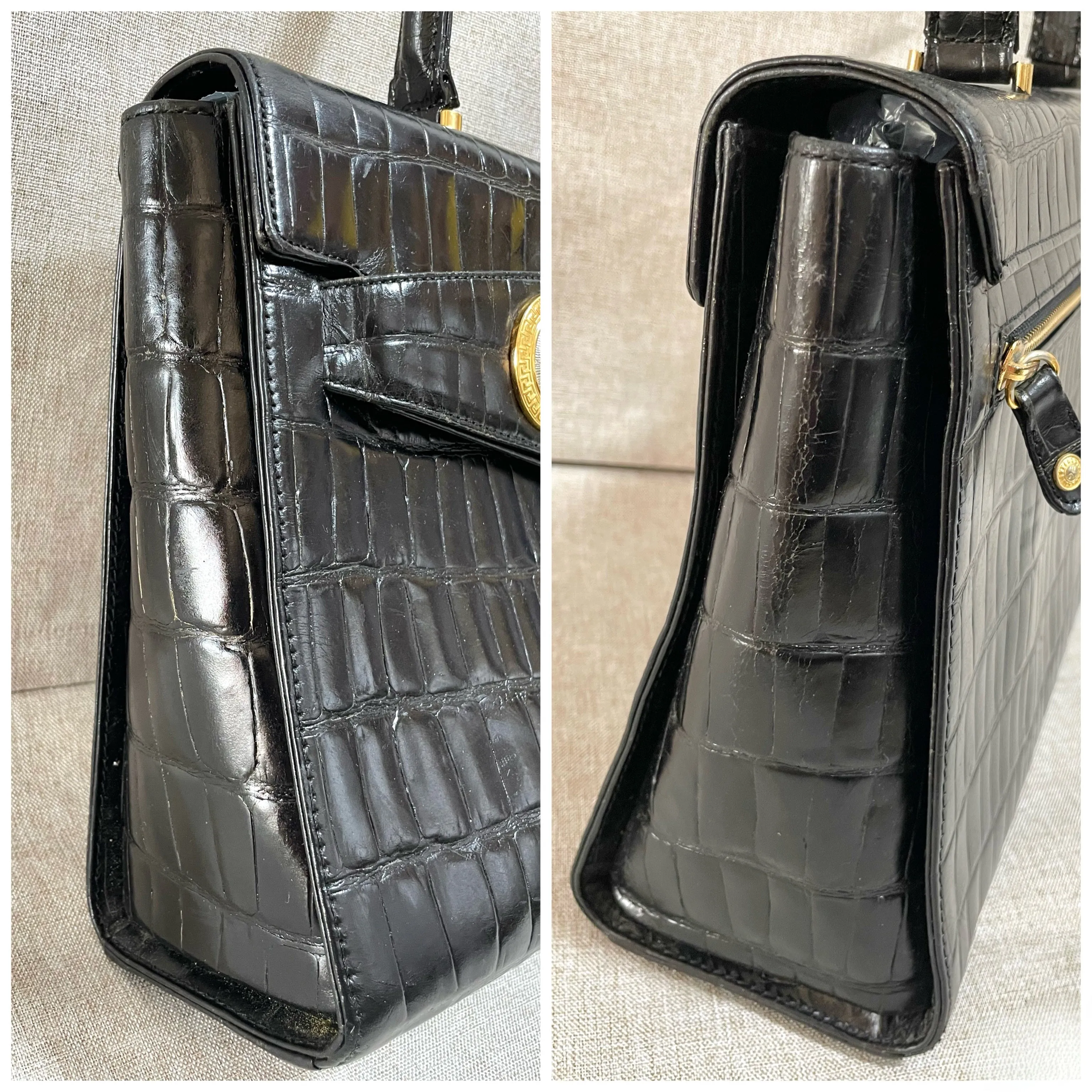 Vintage Gianni Versace black croc embossed leather handbag with Medallion Sunburst charms. Gorgeous masterpiece. 061104y1