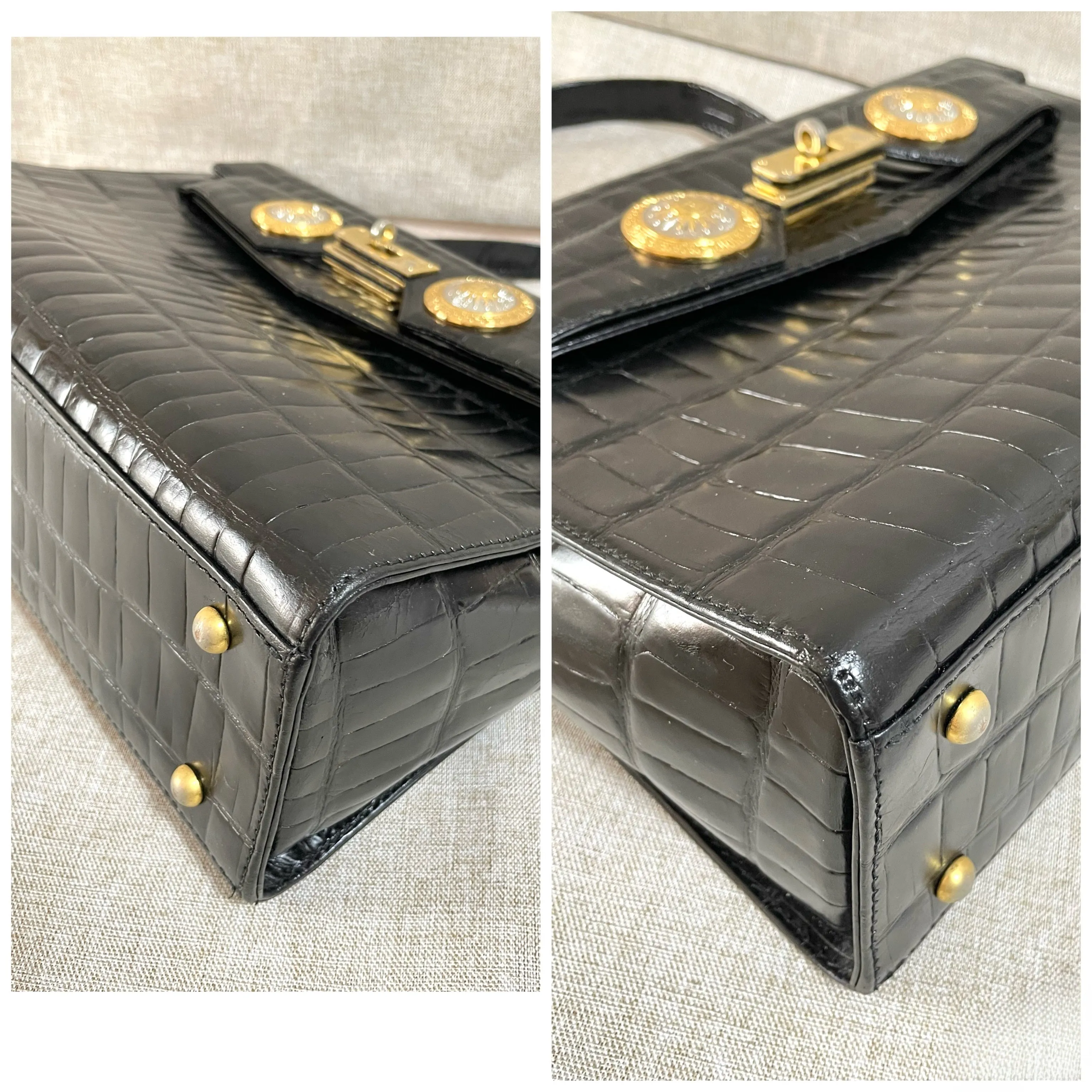 Vintage Gianni Versace black croc embossed leather handbag with Medallion Sunburst charms. Gorgeous masterpiece. 061104y1