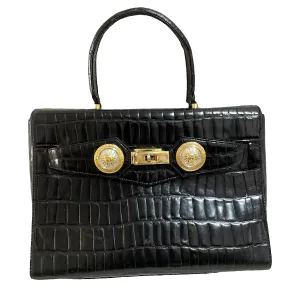 Vintage Gianni Versace black croc embossed leather handbag with Medallion Sunburst charms. Gorgeous masterpiece. 061104y1