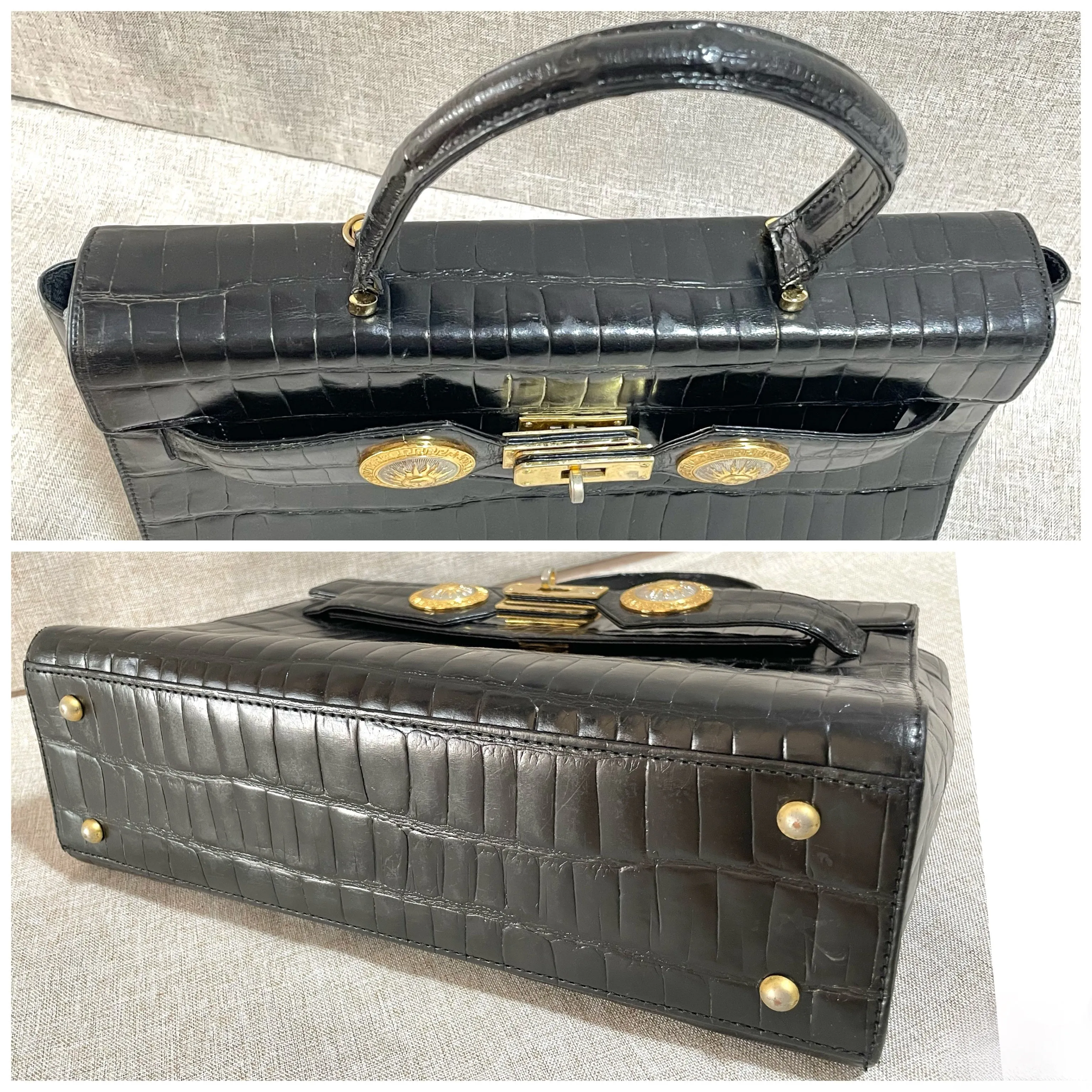 Vintage Gianni Versace black croc embossed leather handbag with Medallion Sunburst charms. Gorgeous masterpiece. 061104y1