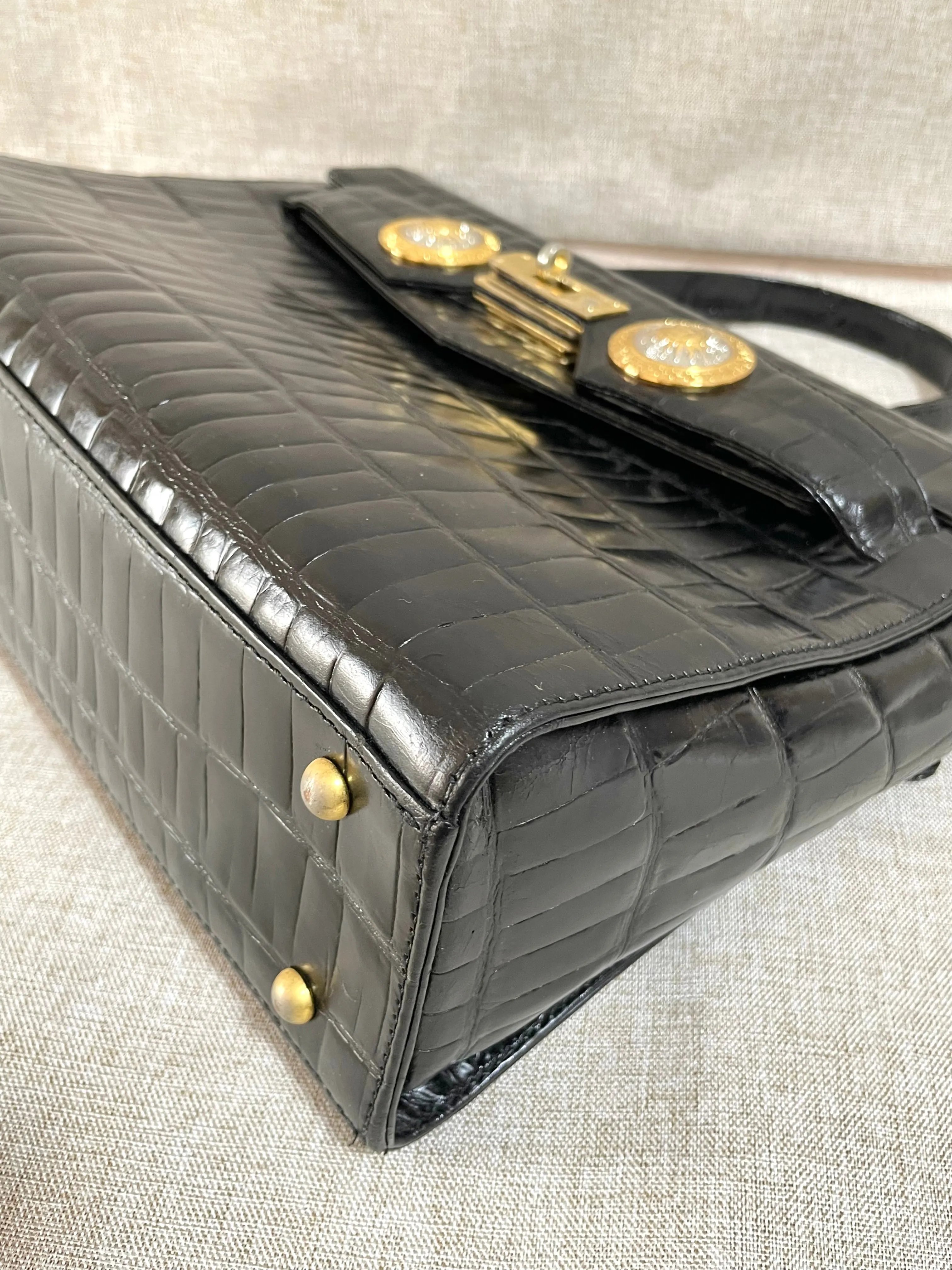 Vintage Gianni Versace black croc embossed leather handbag with Medallion Sunburst charms. Gorgeous masterpiece. 061104y1