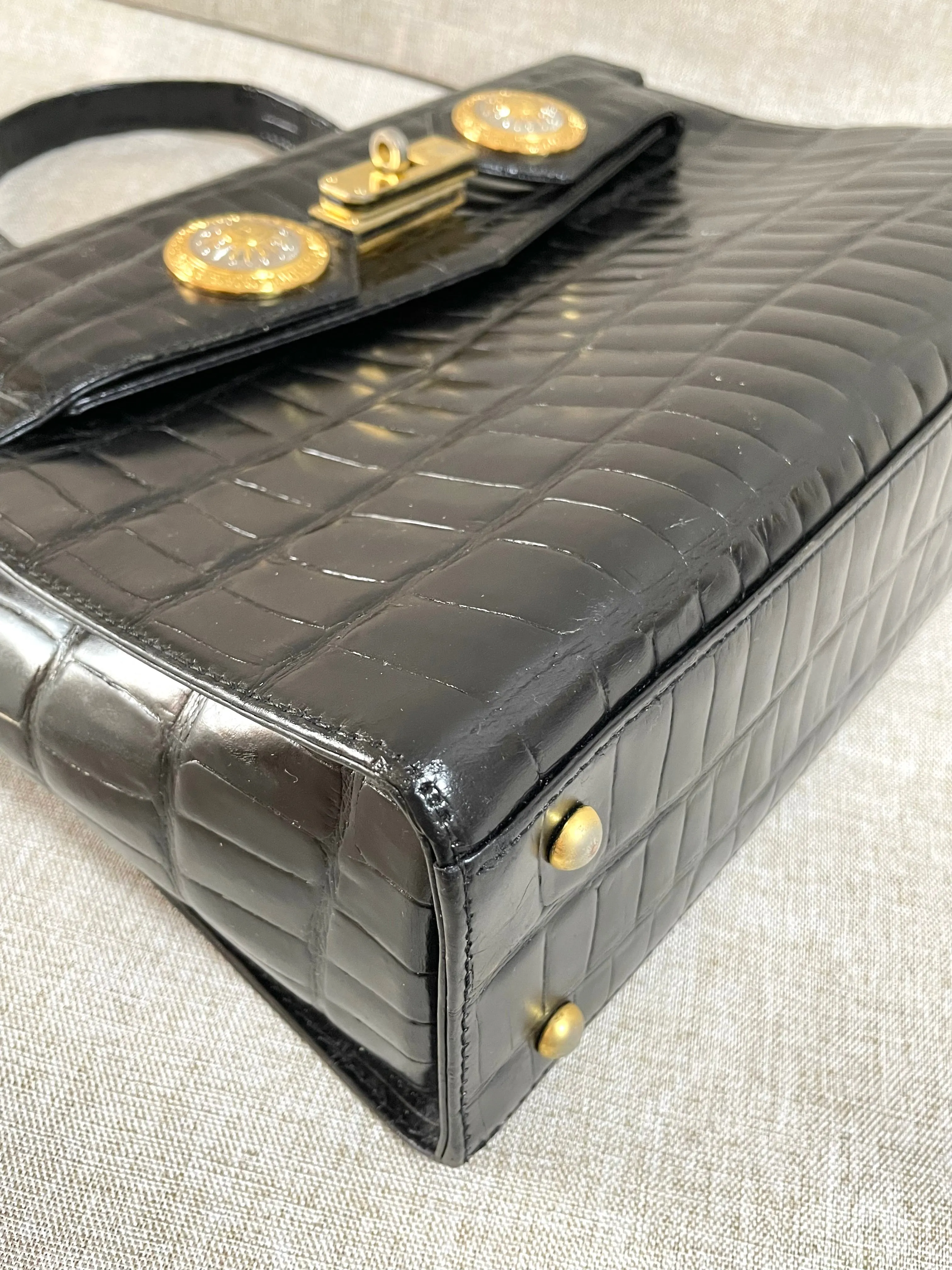 Vintage Gianni Versace black croc embossed leather handbag with Medallion Sunburst charms. Gorgeous masterpiece. 061104y1
