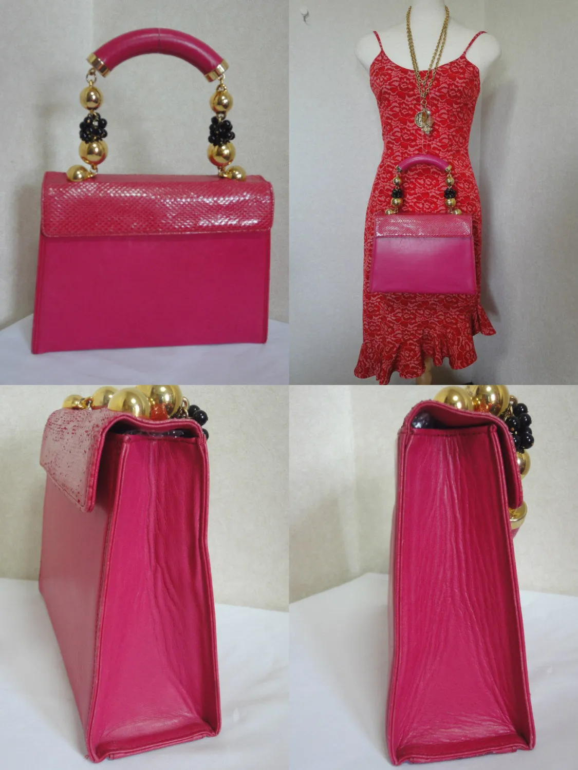 Vintage Gianni Versace pink calf leather and genuine snakeskin handbag with golden and black balls handles.