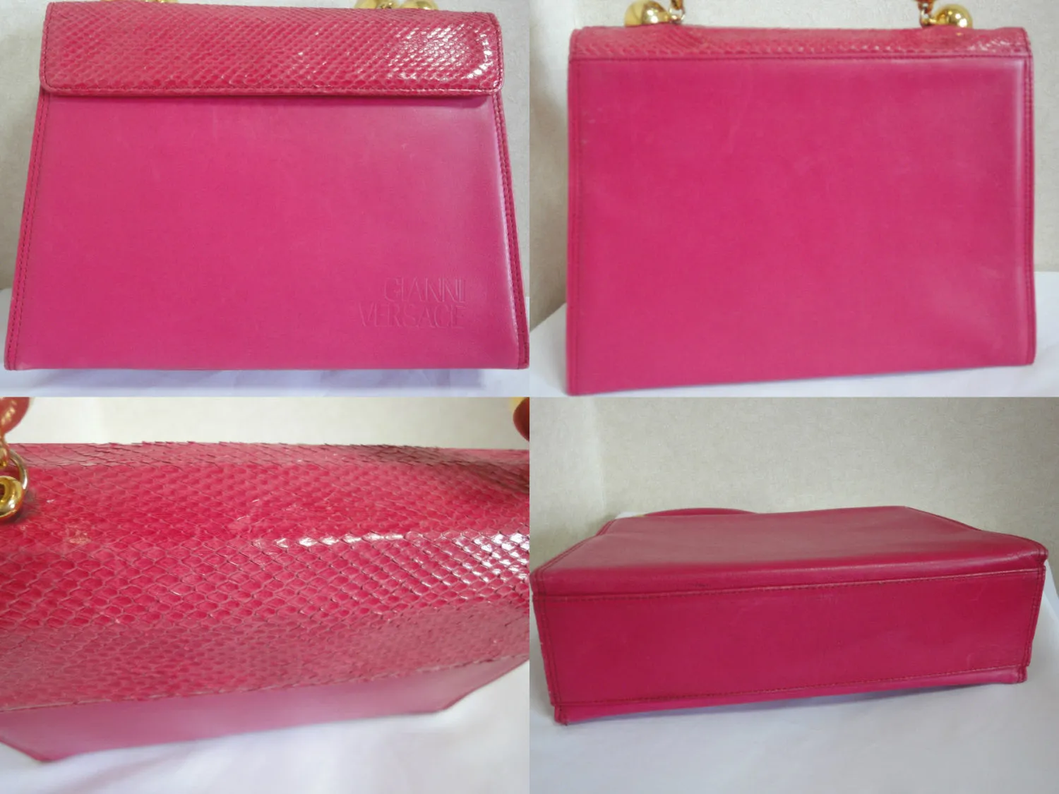 Vintage Gianni Versace pink calf leather and genuine snakeskin handbag with golden and black balls handles.