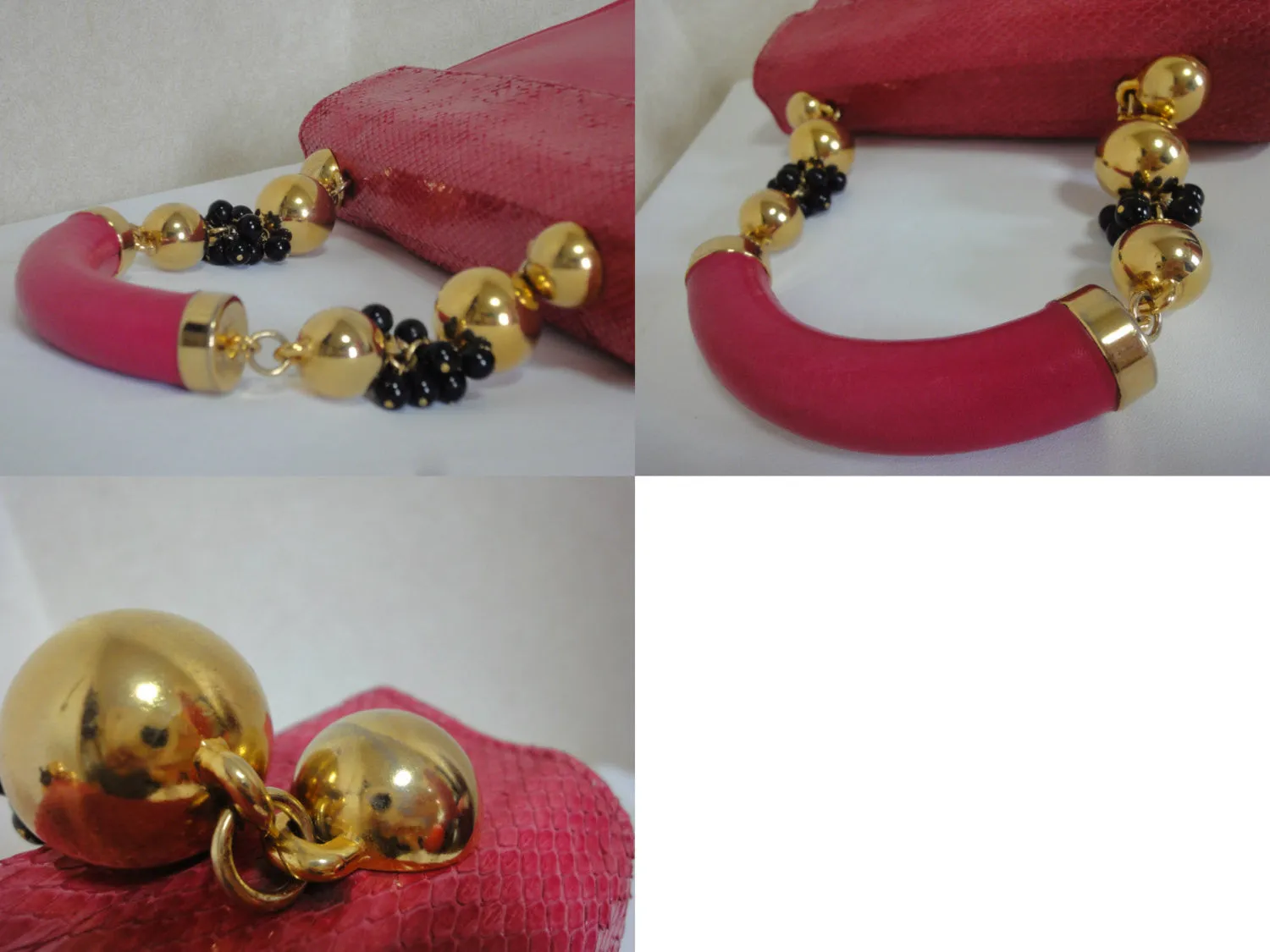 Vintage Gianni Versace pink calf leather and genuine snakeskin handbag with golden and black balls handles.