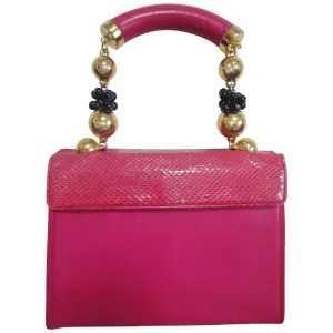 Vintage Gianni Versace pink calf leather and genuine snakeskin handbag with golden and black balls handles.