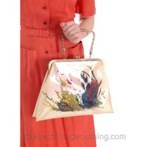 Vintage Hand Bag Whimsical Reverse Painted Seahorse Plastic Purse 1940S