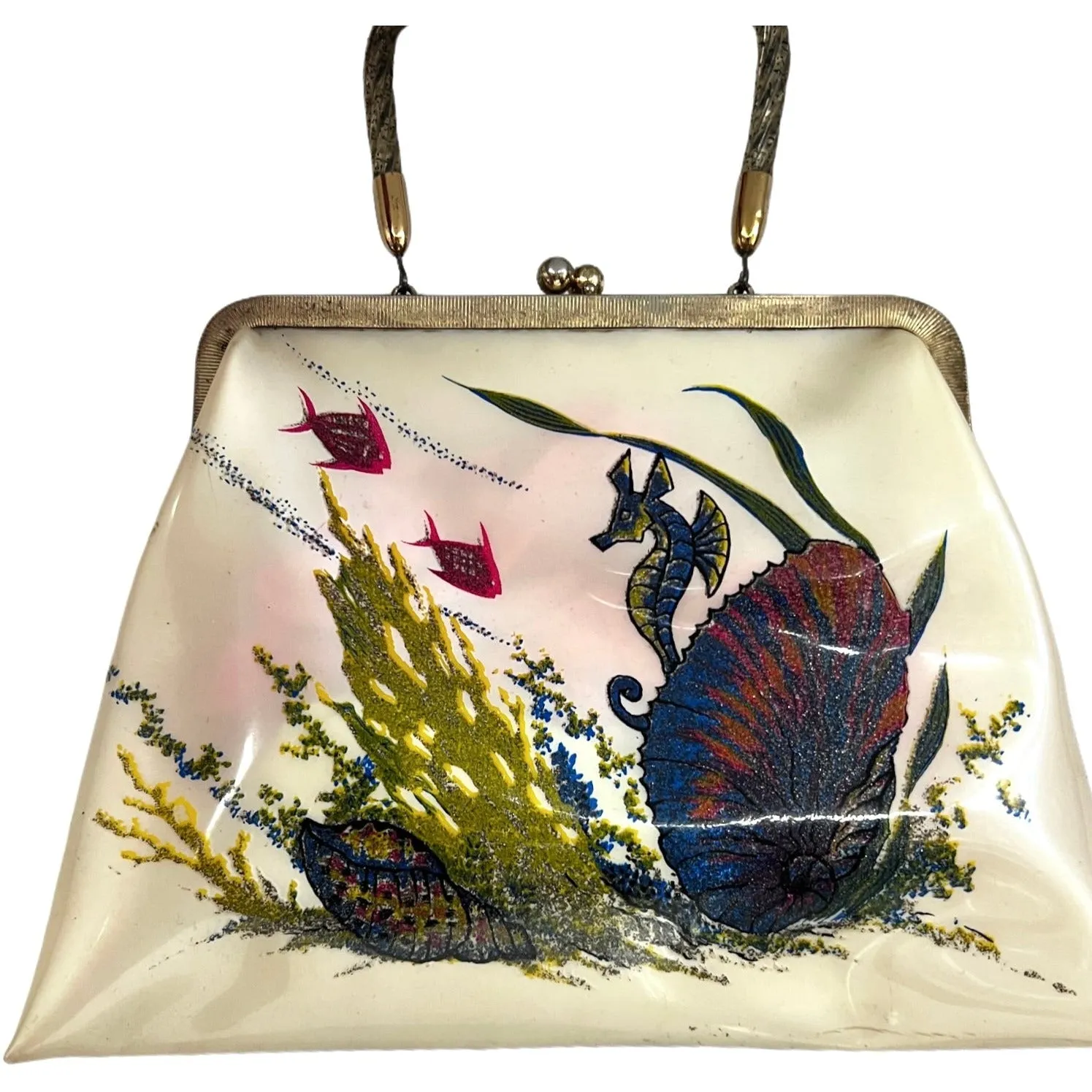 Vintage Hand Bag Whimsical Reverse Painted Seahorse Plastic Purse 1940S
