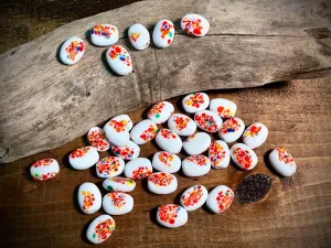 Vintage Japanese Glass—Orange & White Floral Oval Glass Bead—16mm x 12mm