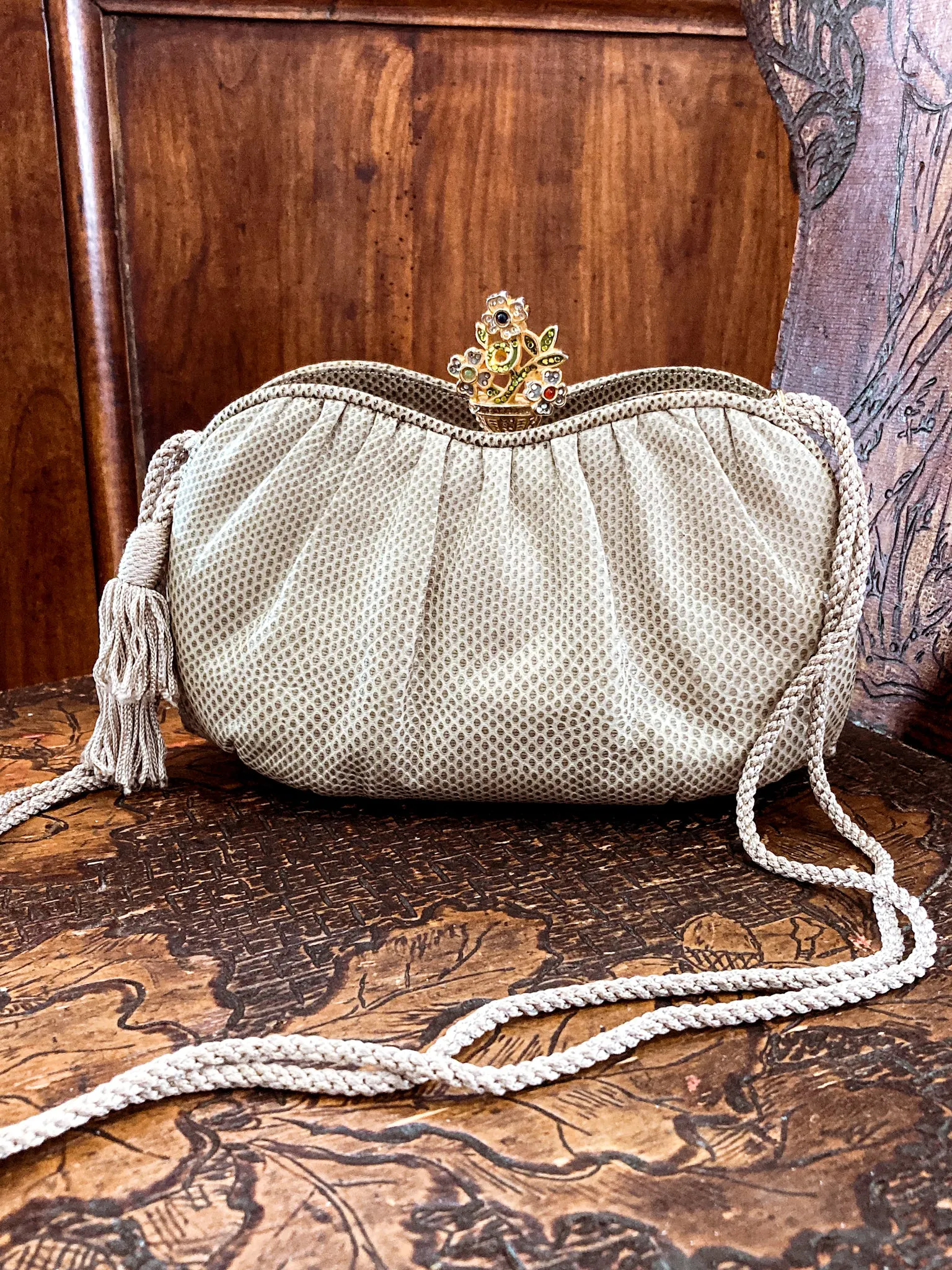 Vintage Judith Leiber Champagne Snakeskin Floral Clasp Crossbody Clutch Bag