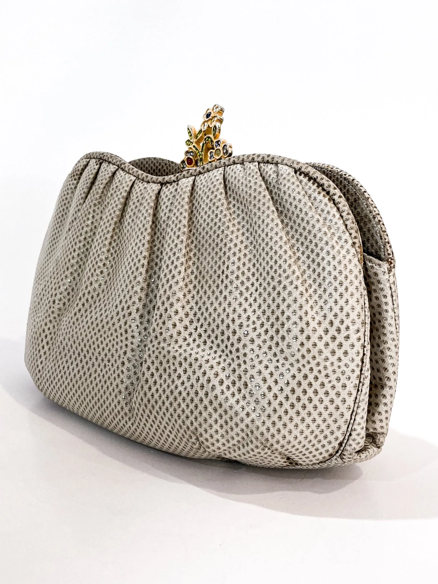 Vintage Judith Leiber Champagne Snakeskin Floral Clasp Crossbody Clutch Bag