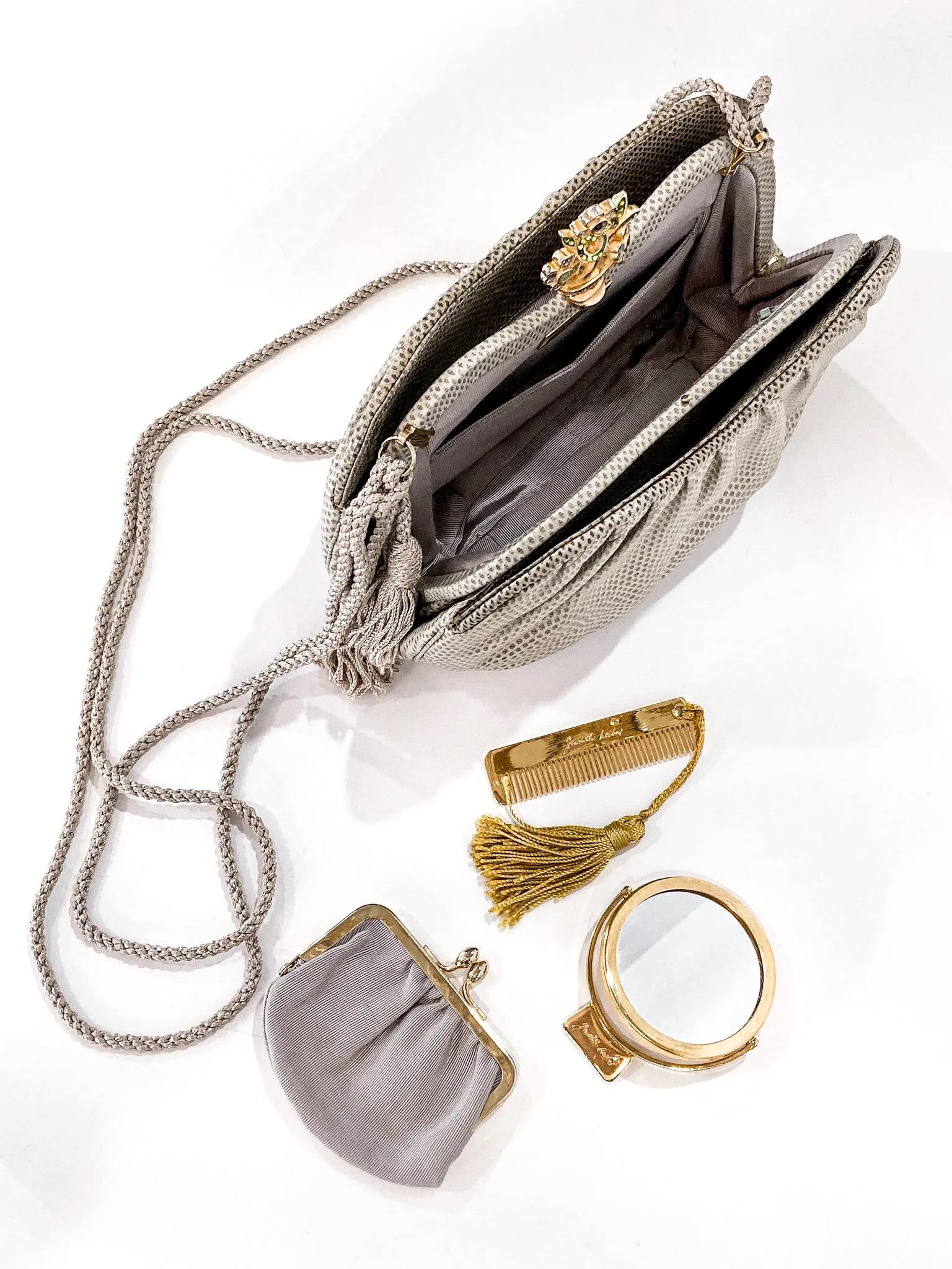 Vintage Judith Leiber Champagne Snakeskin Floral Clasp Crossbody Clutch Bag