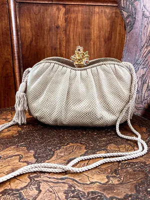 Vintage Judith Leiber Champagne Snakeskin Floral Clasp Crossbody Clutch Bag