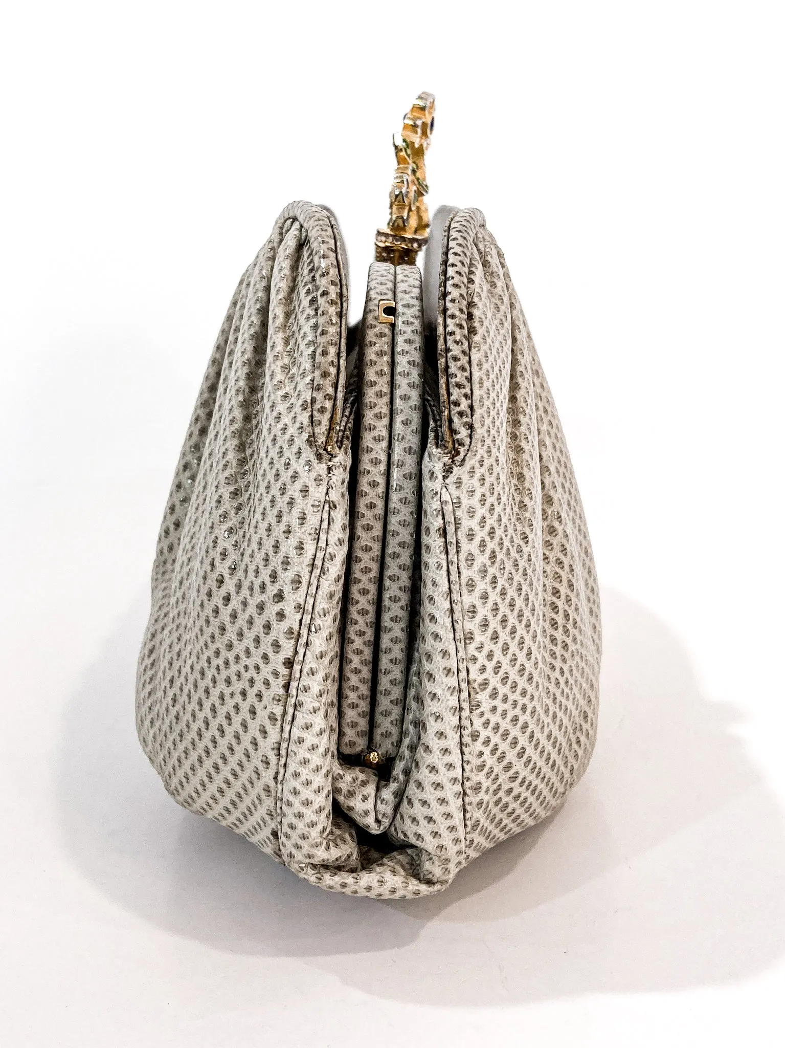 Vintage Judith Leiber Champagne Snakeskin Floral Clasp Crossbody Clutch Bag
