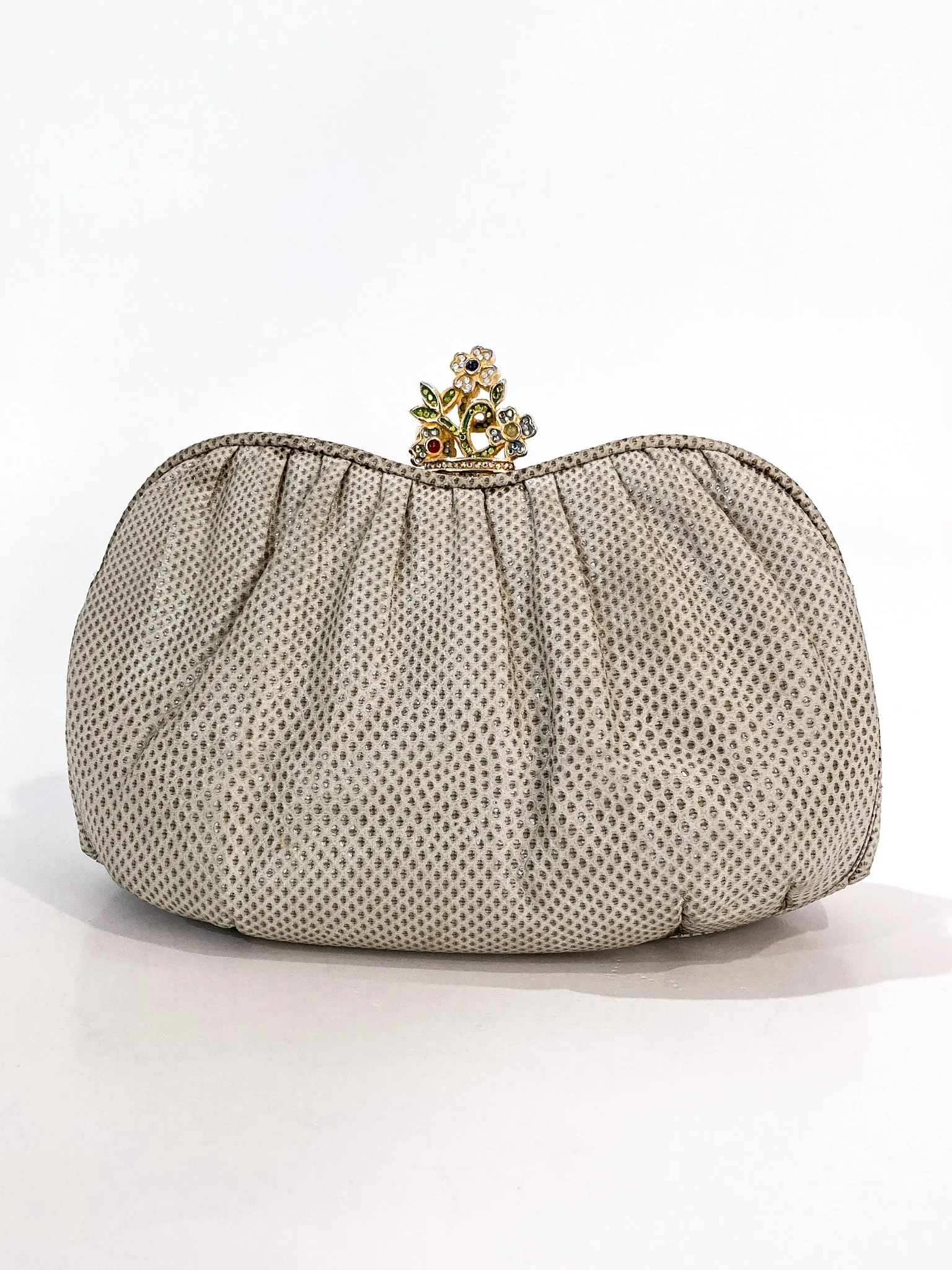 Vintage Judith Leiber Champagne Snakeskin Floral Clasp Crossbody Clutch Bag