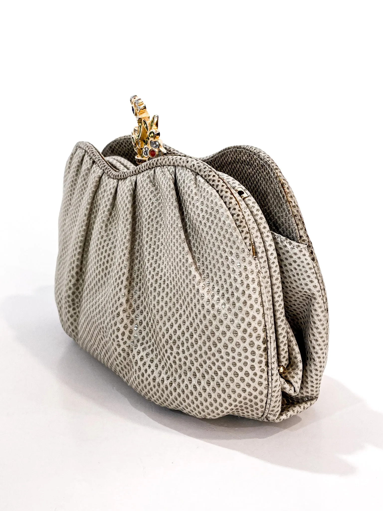 Vintage Judith Leiber Champagne Snakeskin Floral Clasp Crossbody Clutch Bag
