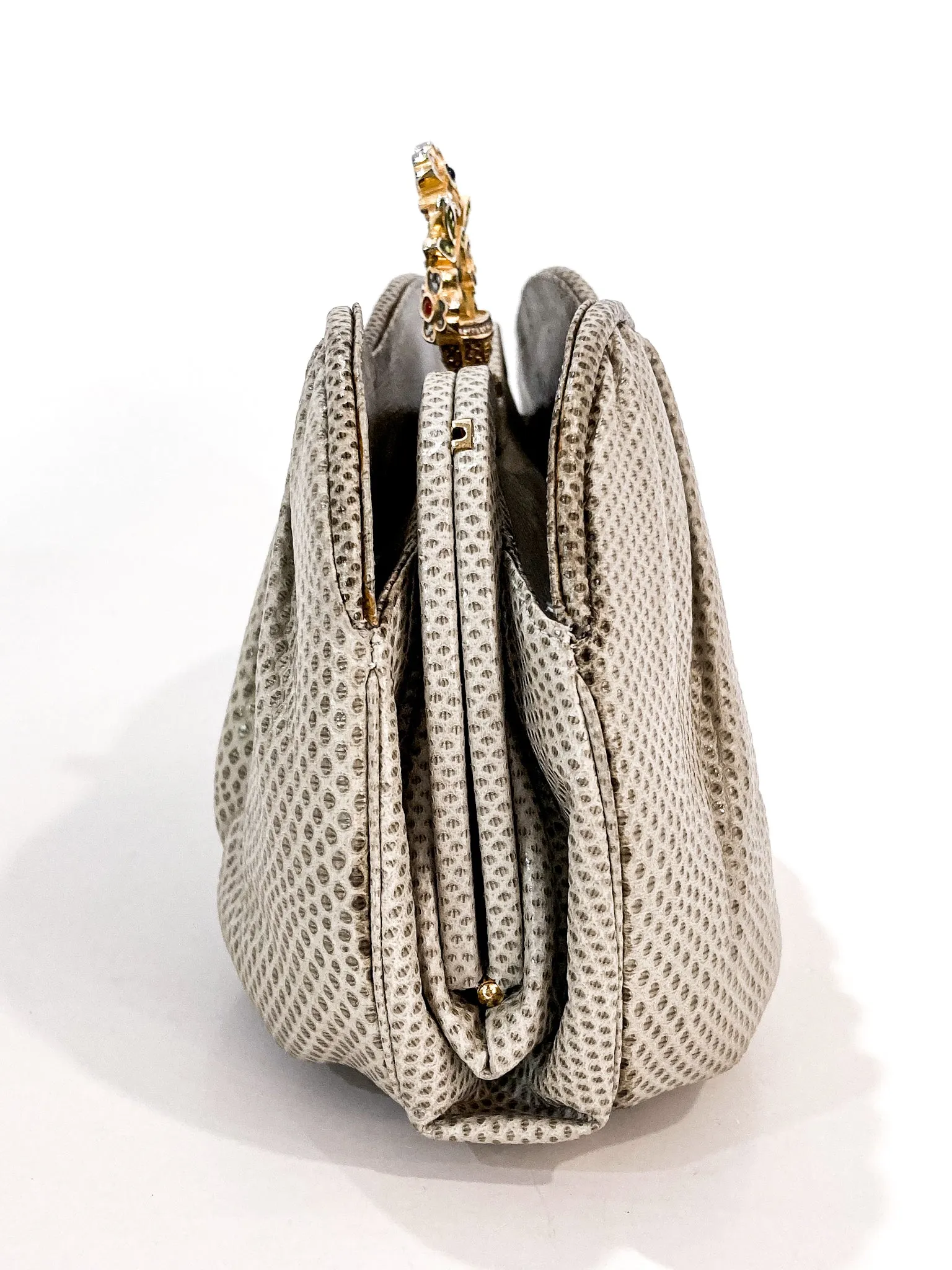 Vintage Judith Leiber Champagne Snakeskin Floral Clasp Crossbody Clutch Bag