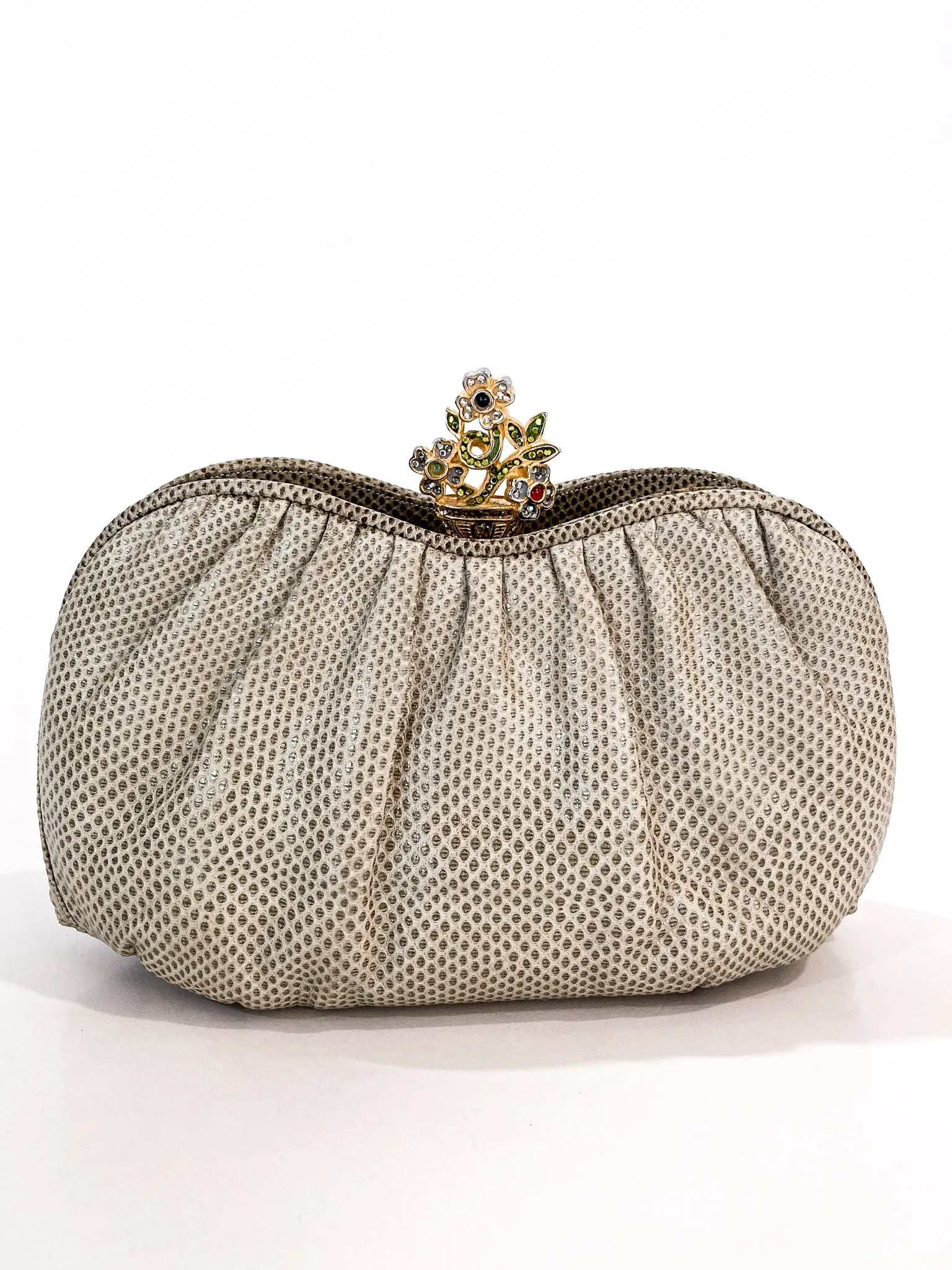 Vintage Judith Leiber Champagne Snakeskin Floral Clasp Crossbody Clutch Bag