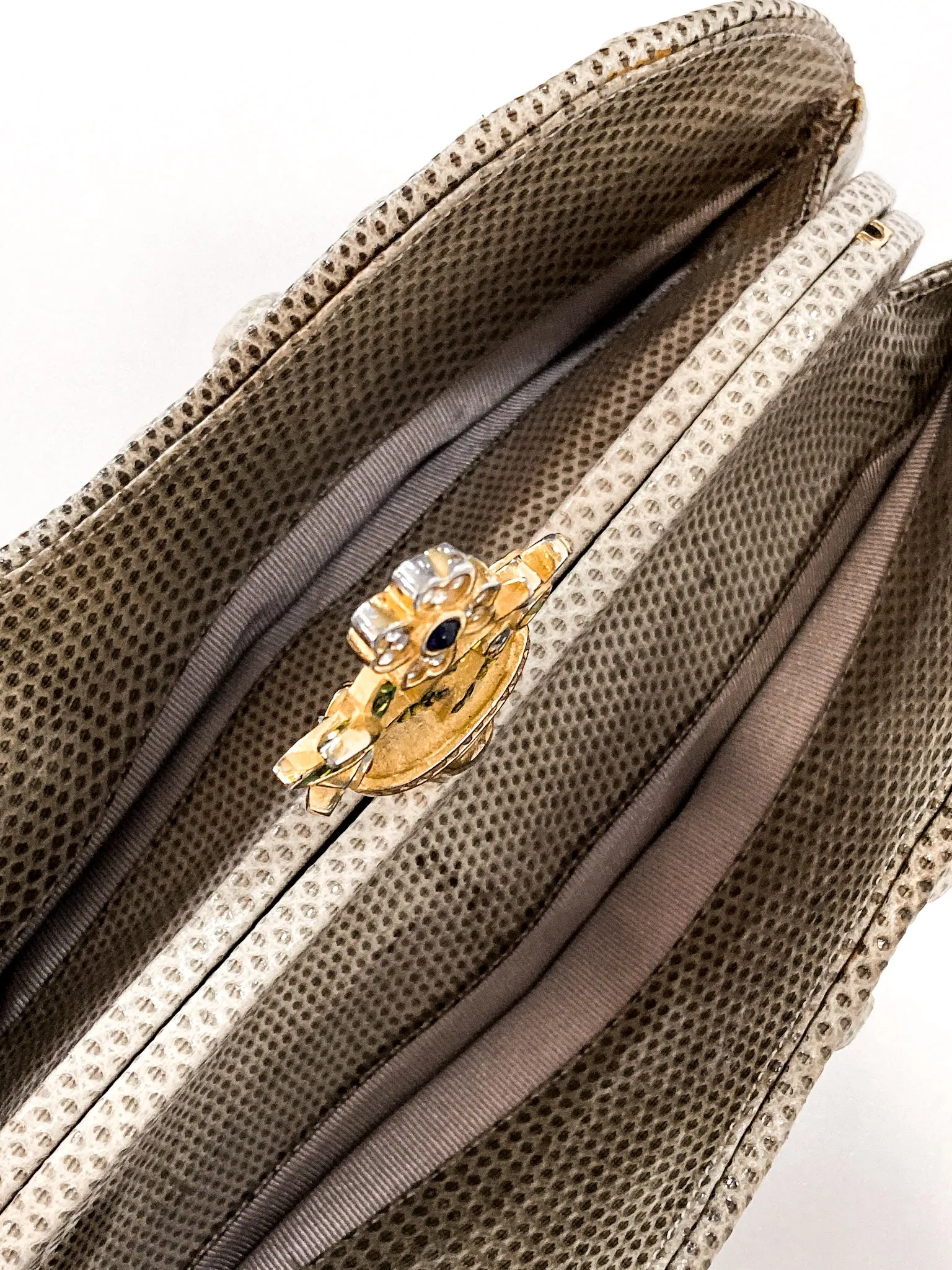 Vintage Judith Leiber Champagne Snakeskin Floral Clasp Crossbody Clutch Bag