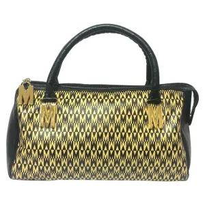 Vintage MOSCHINO black and ivory beige logo M print handbag, mini duffle bag with leather trimmings and golden M charms. 060521re1
