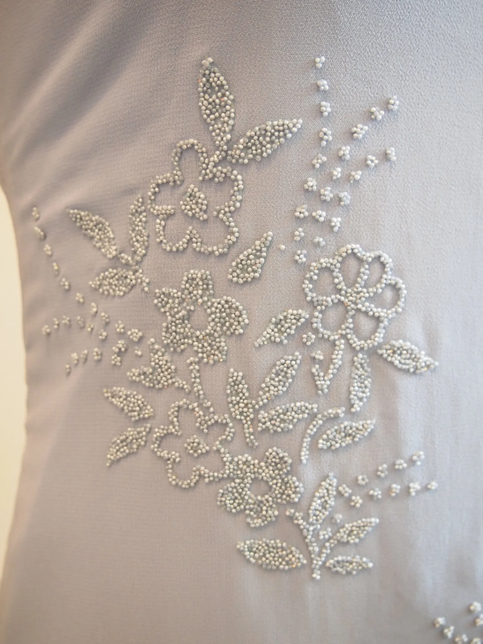 Vintage Nicole Miller Pansy Blue Spag Strap Maxi Dress with Intricate Flower Beading