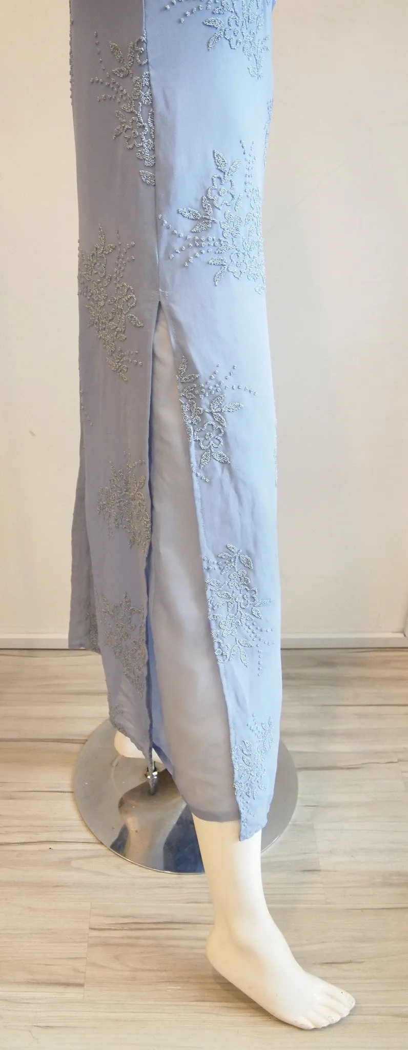 Vintage Nicole Miller Pansy Blue Spag Strap Maxi Dress with Intricate Flower Beading