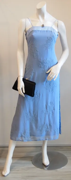 Vintage Nicole Miller Pansy Blue Spag Strap Maxi Dress with Intricate Flower Beading