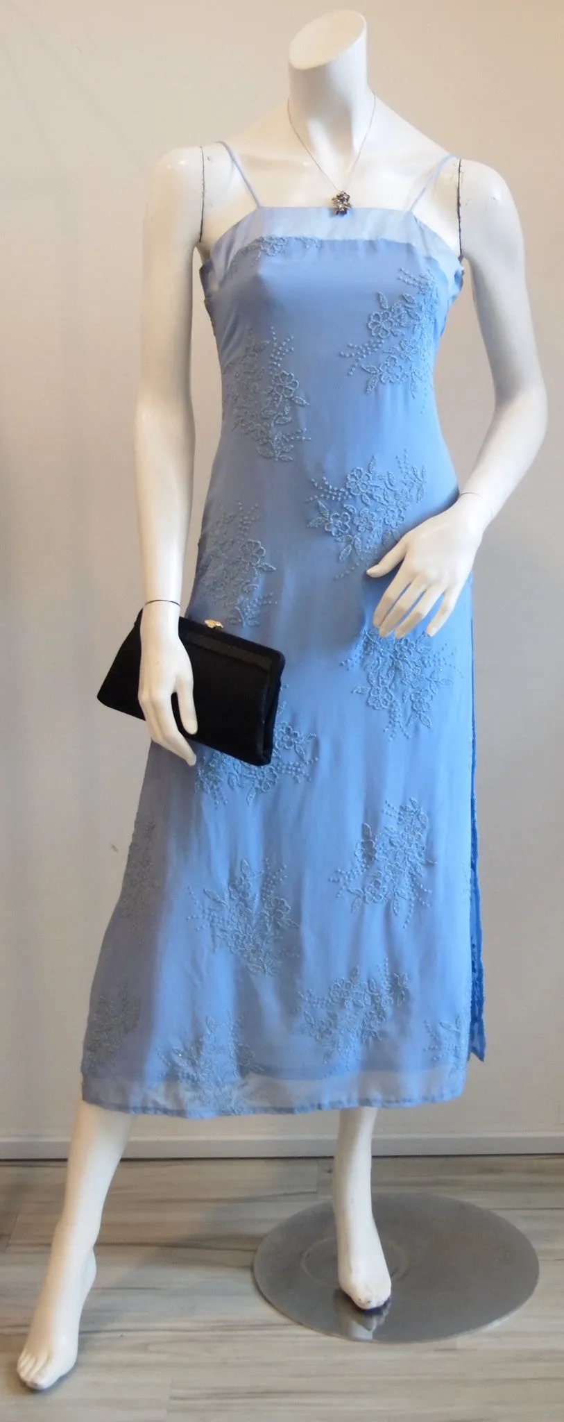 Vintage Nicole Miller Pansy Blue Spag Strap Maxi Dress with Intricate Flower Beading