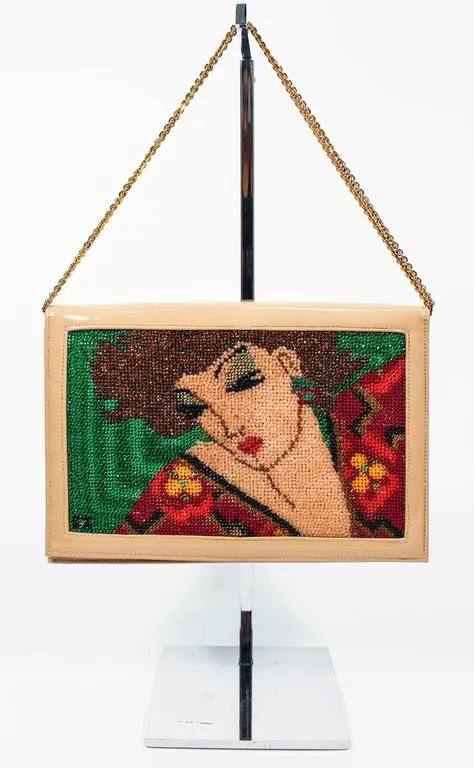VINTAGE Nude Patent Leather Purse with Beaded Portrait & Gold Chain