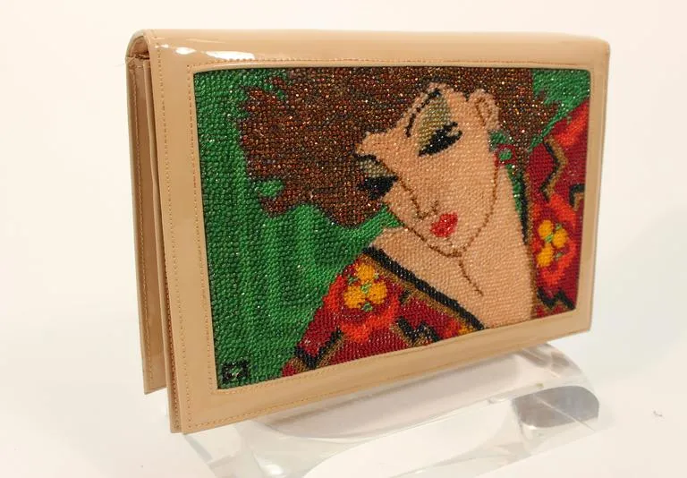VINTAGE Nude Patent Leather Purse with Beaded Portrait & Gold Chain