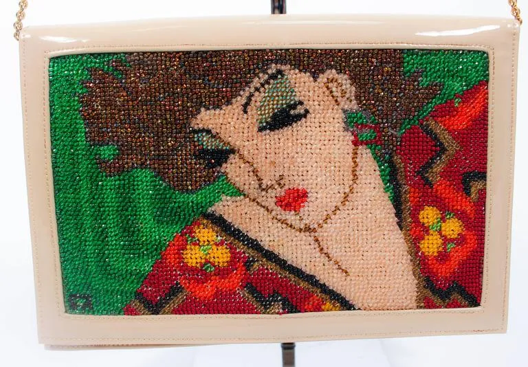 VINTAGE Nude Patent Leather Purse with Beaded Portrait & Gold Chain