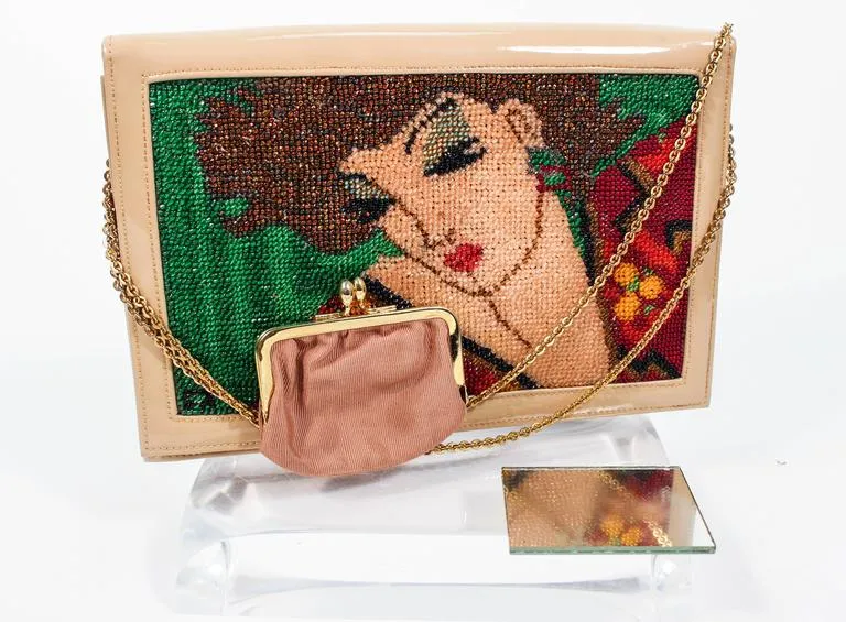 VINTAGE Nude Patent Leather Purse with Beaded Portrait & Gold Chain