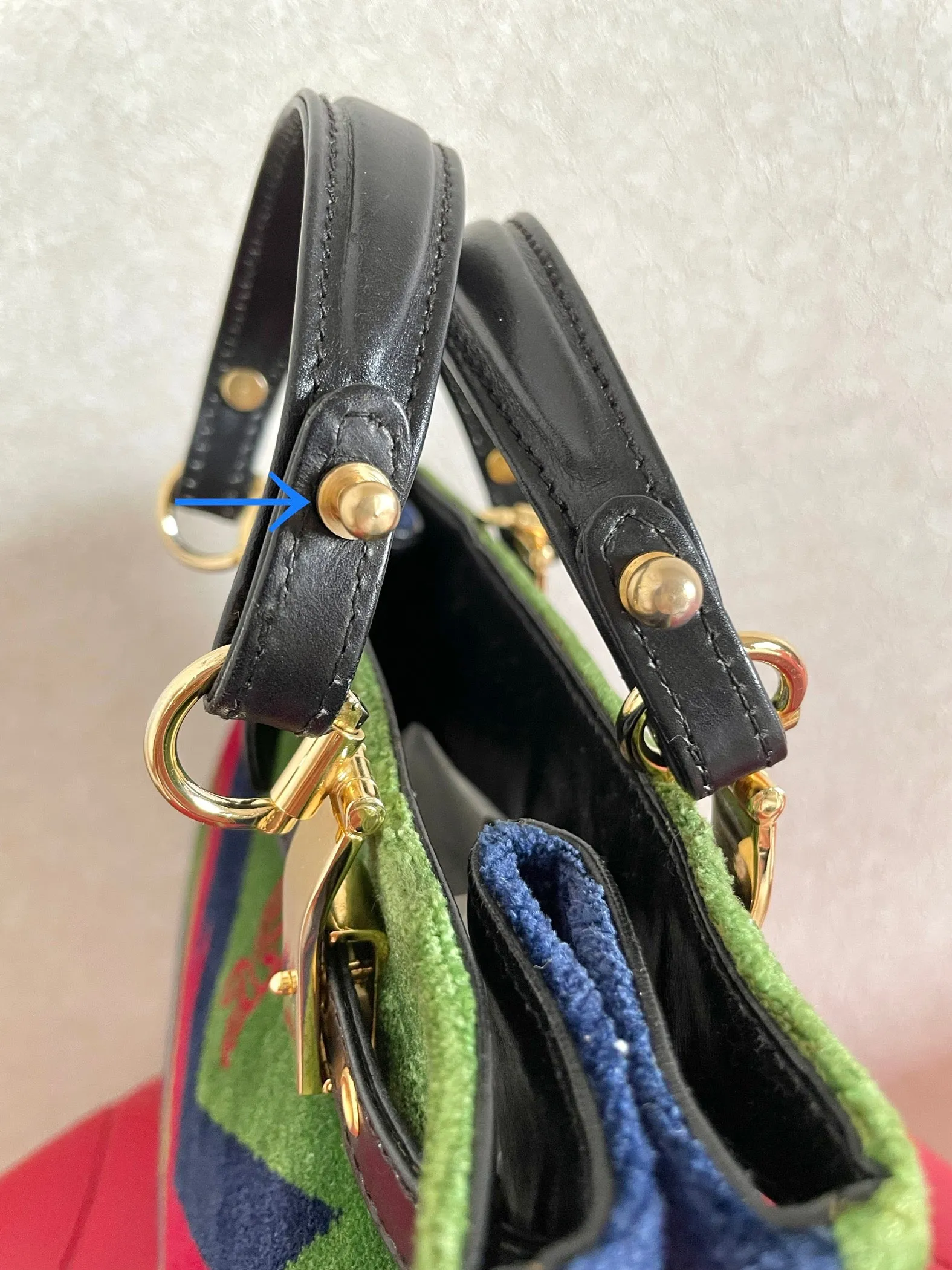 Vintage Roberta di Camerino navy, green, and red thunder chevron velvet weaving doctor bag with buckle strap leather handles. 0406221